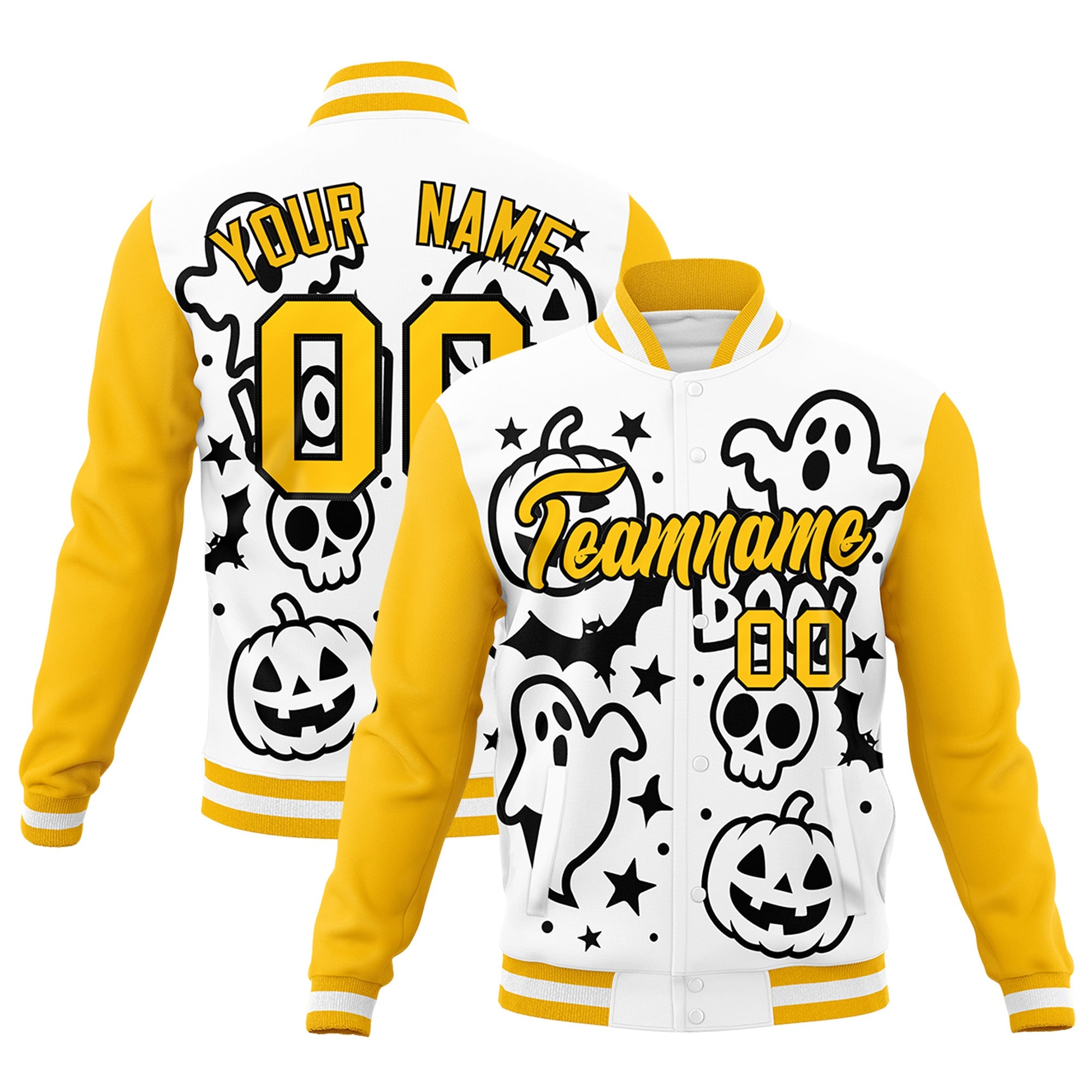 Custom White Black Gold Bats Pumpkins Ghost Patterns Halloween Letterman Jacket| KXKSHOP