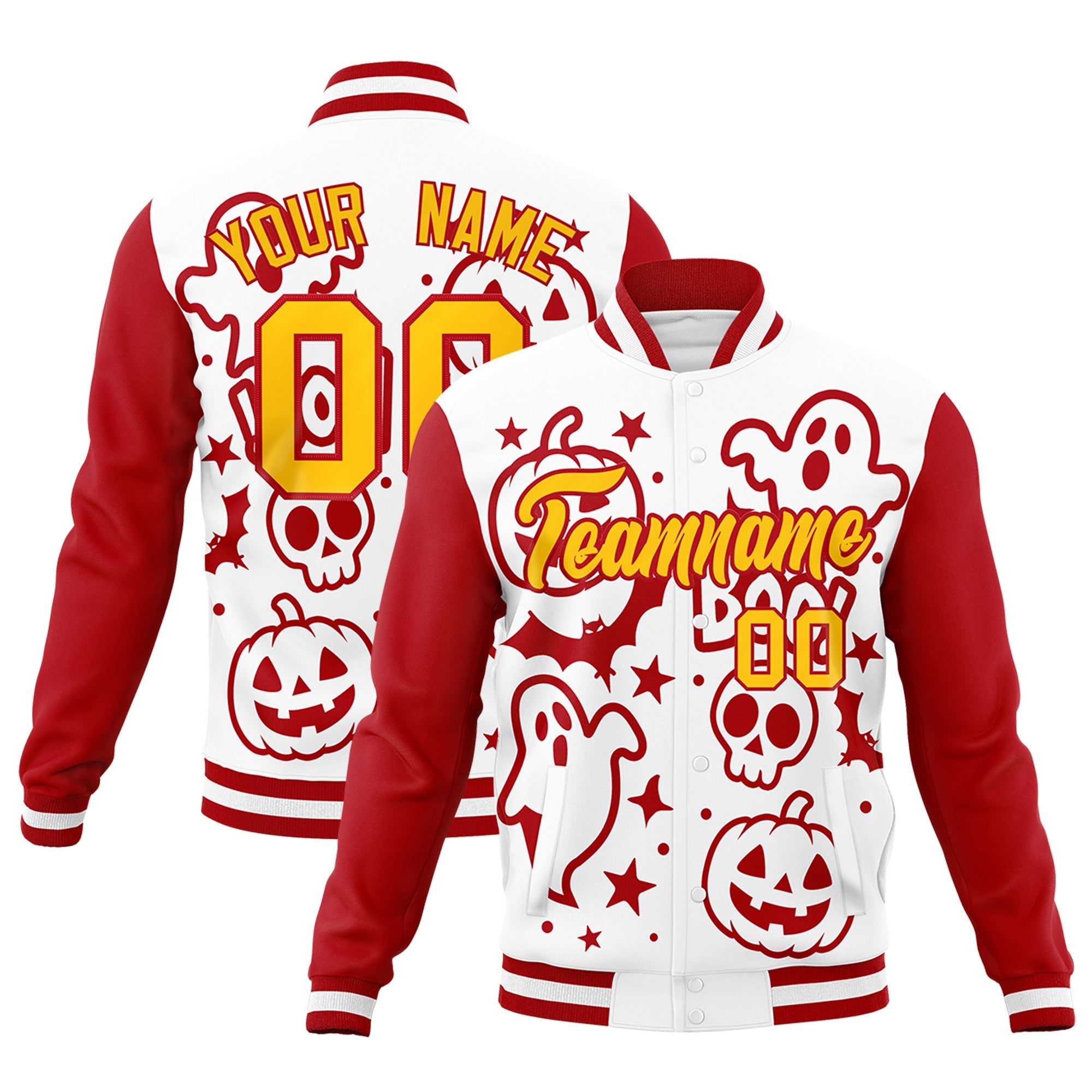 Custom White Red Gold Bats Pumpkins Ghost Patterns Halloween Letterman Jacket| KXKSHOP
