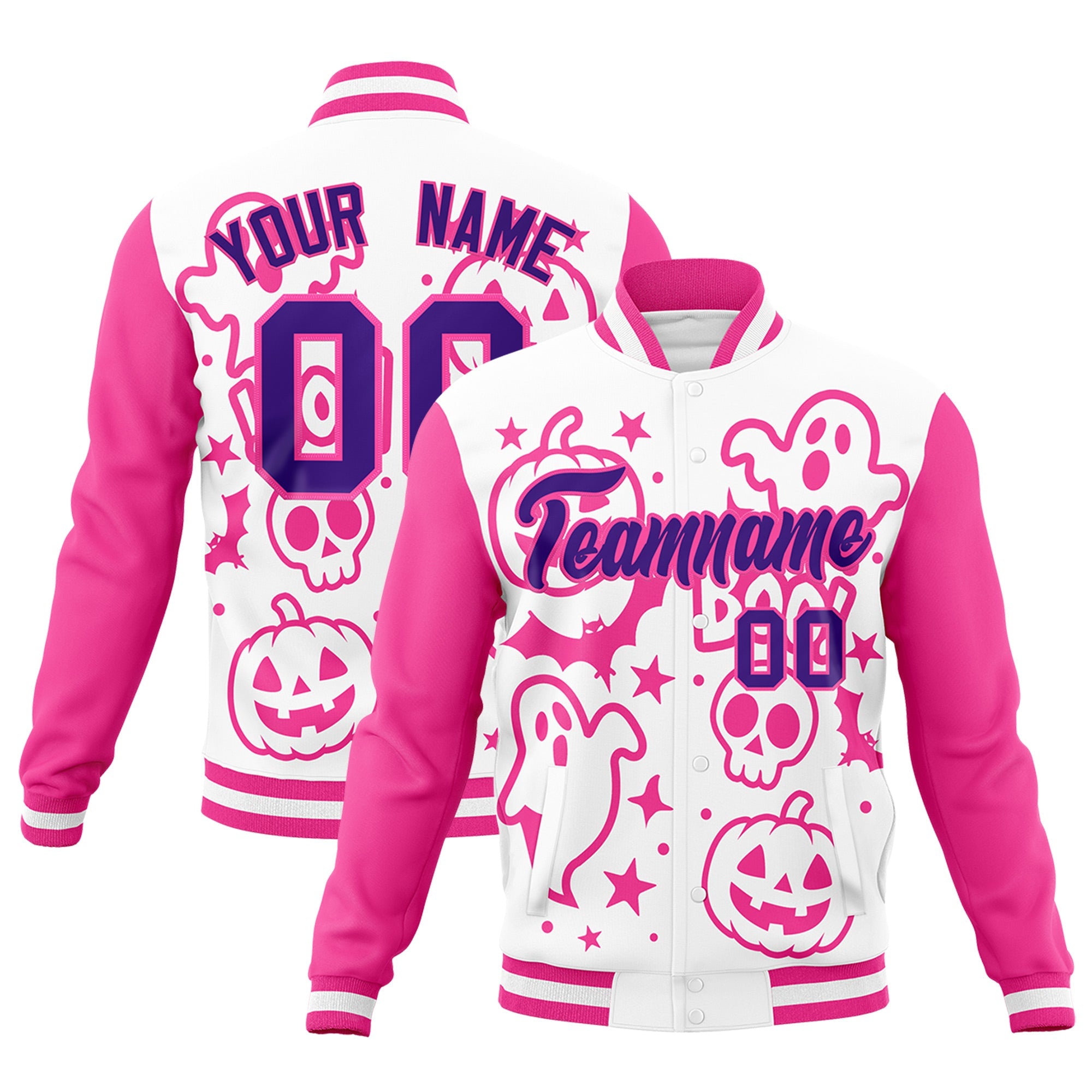 Custom White Pink Purple Bats Pumpkins Ghost Patterns Halloween Letterman Jacket| KXKSHOP