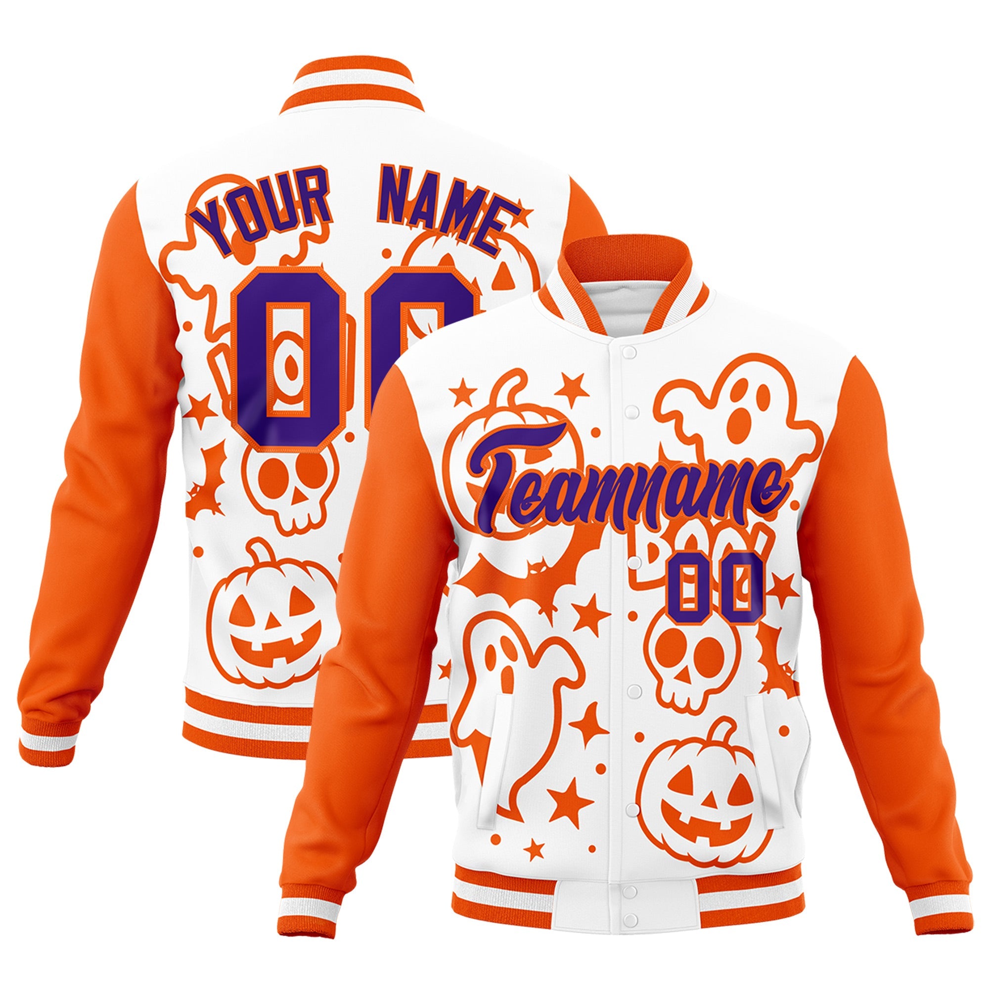 Custom White Orange Purple Bats Pumpkins Ghost Patterns Halloween Letterman Jacket| KXKSHOP