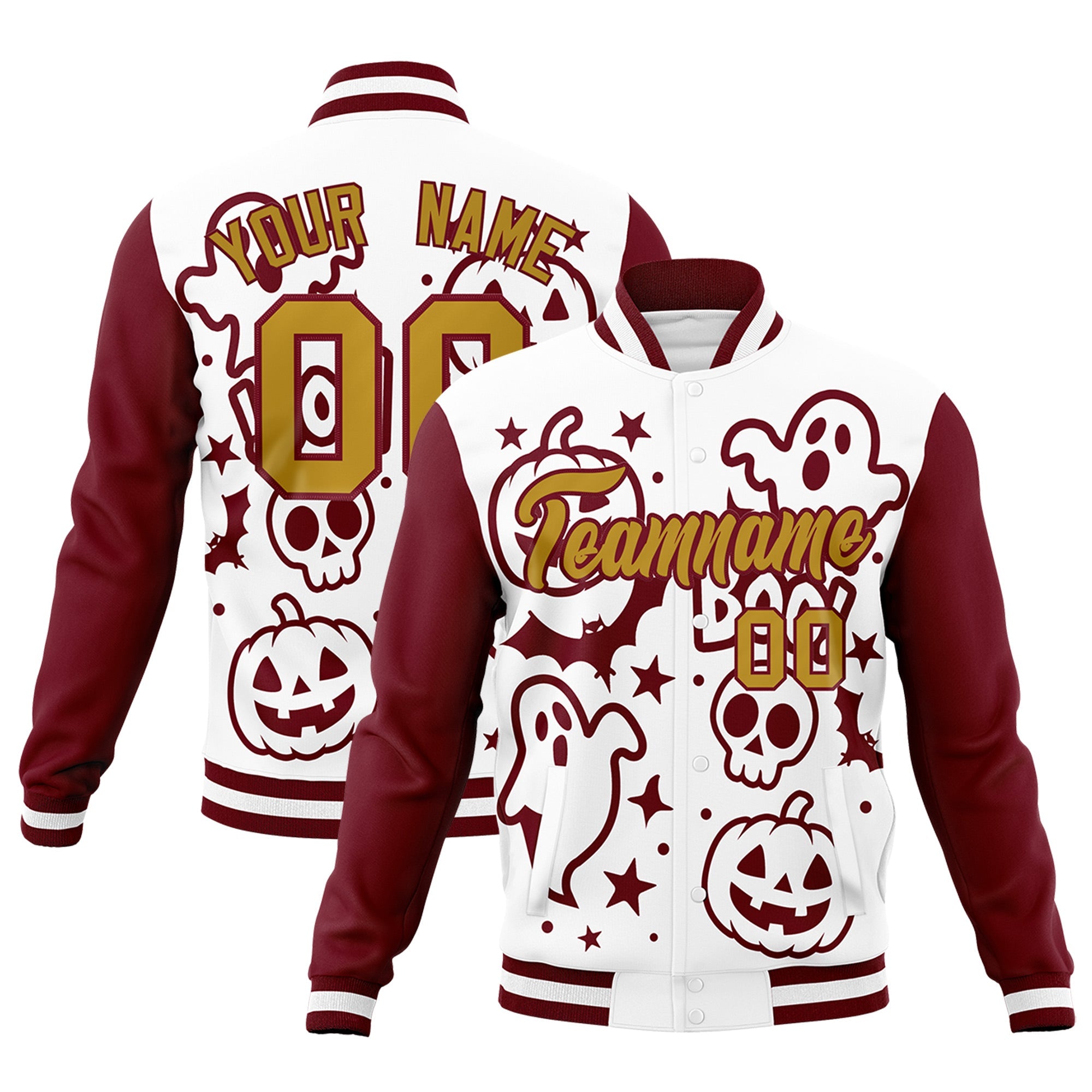 Custom White Crimson Old Gold Bats Pumpkins Ghost Patterns Halloween Letterman Jacket| KXKSHOP