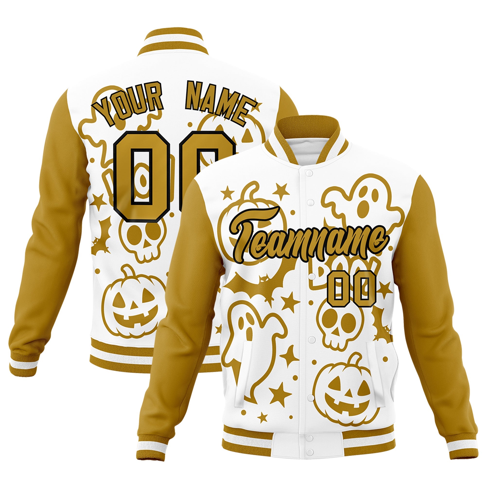 Custom White Old Gold Black Bats Pumpkins Ghost Patterns Halloween Letterman Jacket| KXKSHOP
