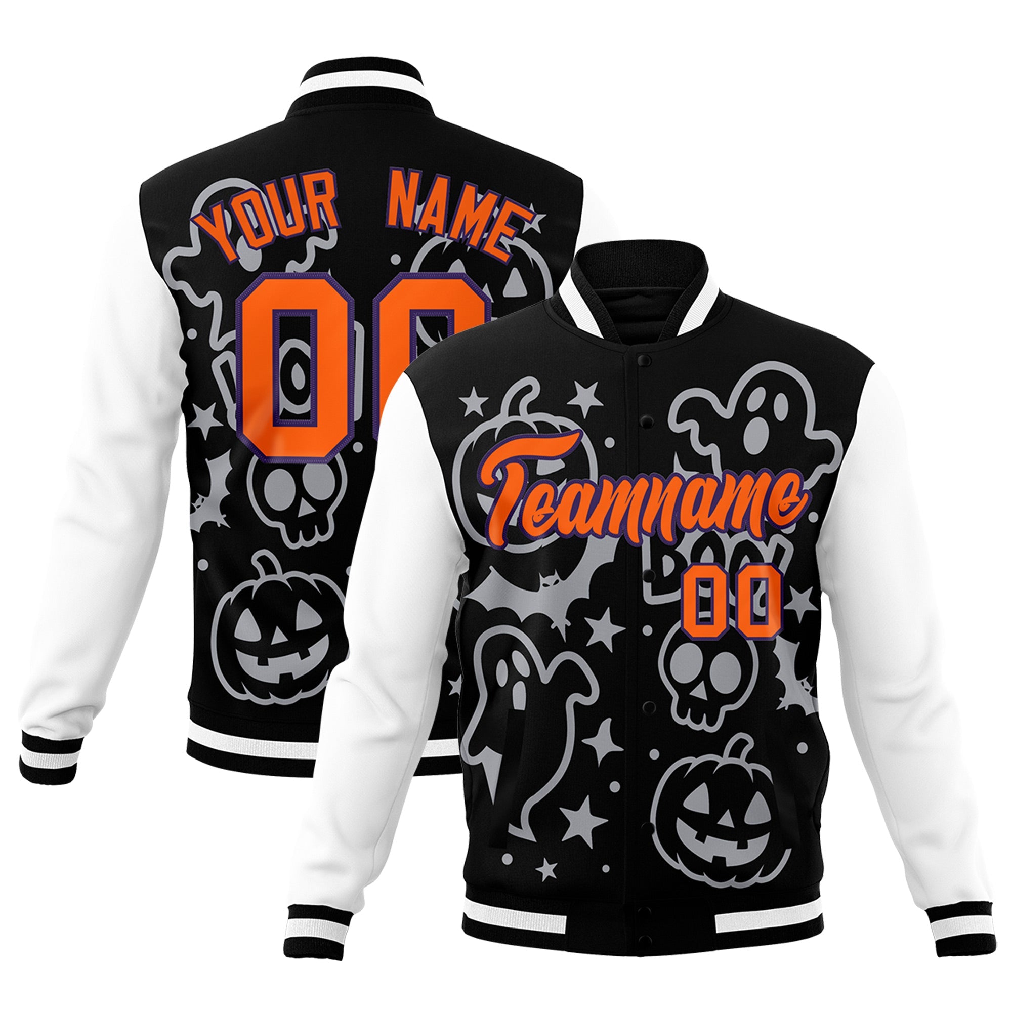 Custom Navy White Orange Bats Pumpkins Ghost Patterns Halloween Letterman Jacket| KXKSHOP
