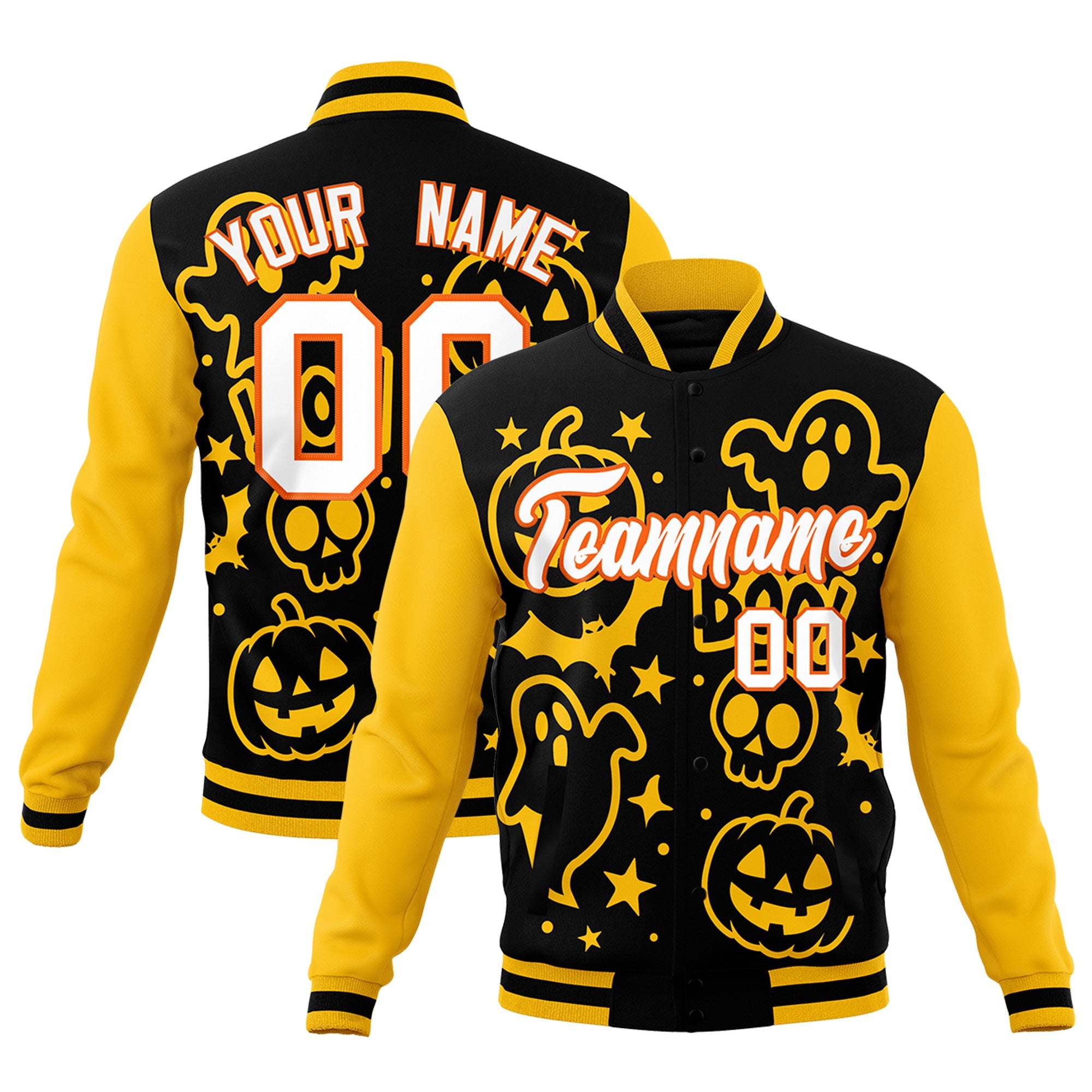 Custom Gold Black White Bats Pumpkins Ghost Patterns Halloween Letterman Jacket| KXKSHOP