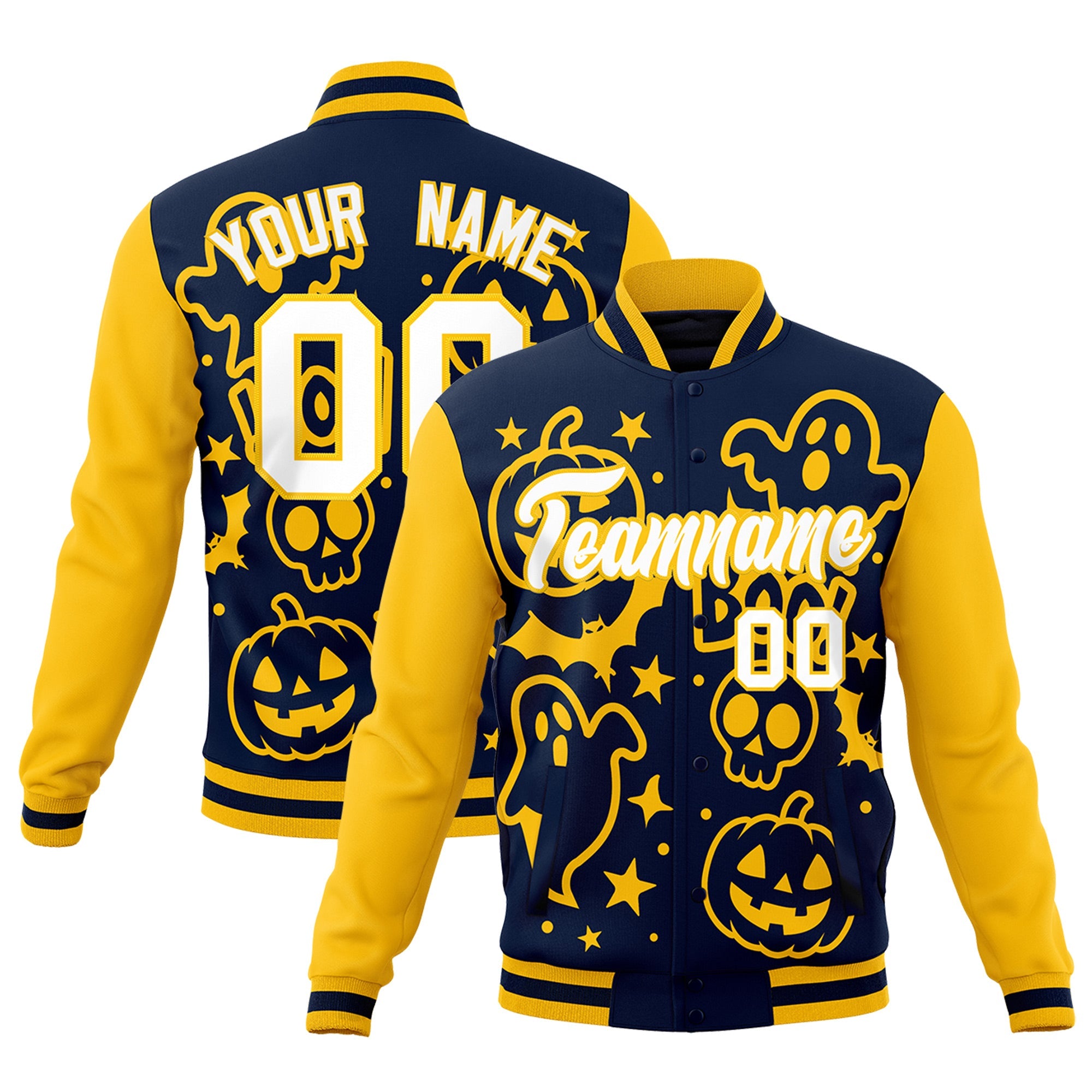 Custom Gold Navy White Bats Pumpkins Ghost Patterns Halloween Letterman Jacket| KXKSHOP