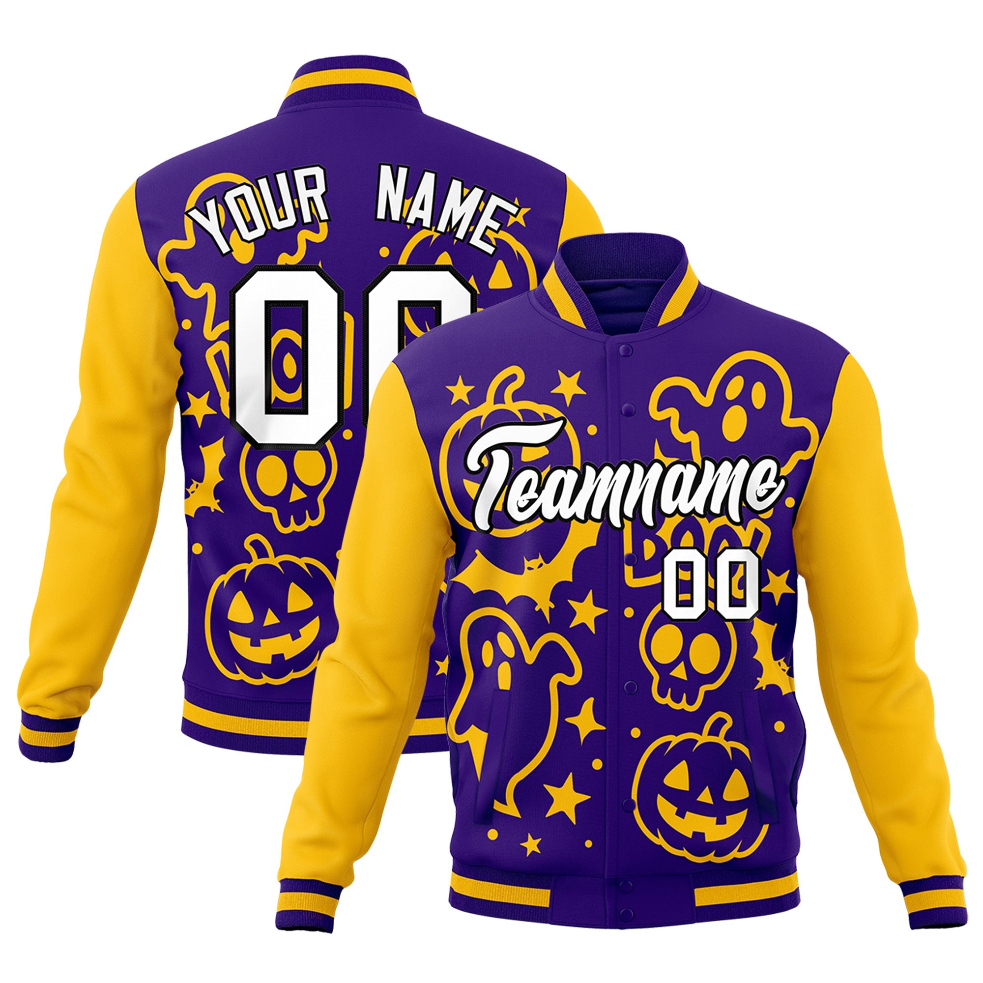 Custom Purple Gold White Bats Pumpkins Ghost Patterns Halloween Letterman Jacket| KXKSHOP