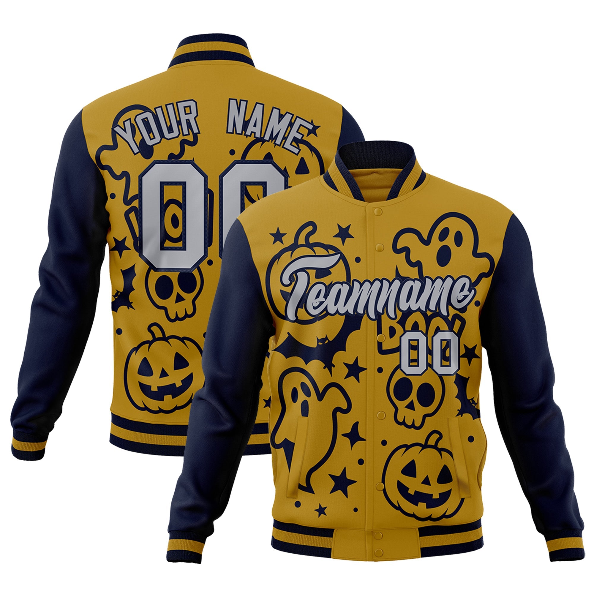 Custom Navy Old Gold Gray Bats Pumpkins Ghost Patterns Halloween Letterman Jacket| KXKSHOP