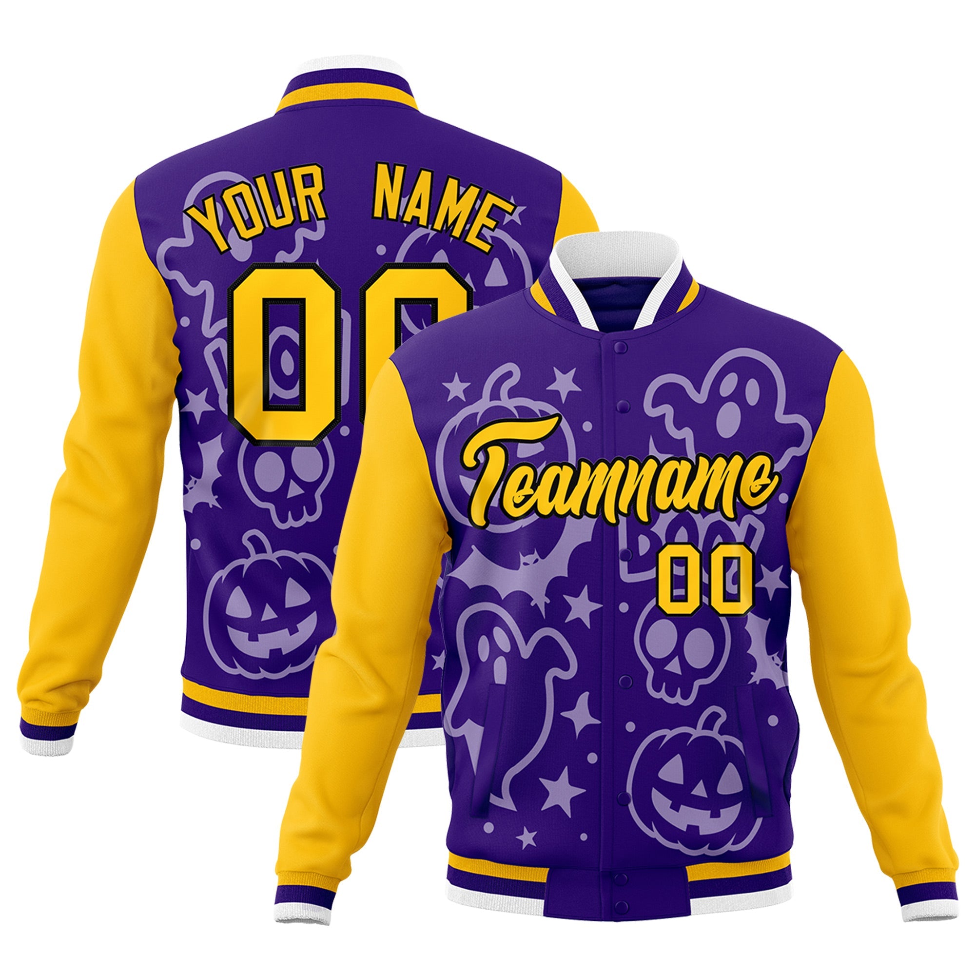 Custom Yellow Purple Gold Bats Pumpkins Ghost Patterns Halloween Letterman Jacket| KXKSHOP