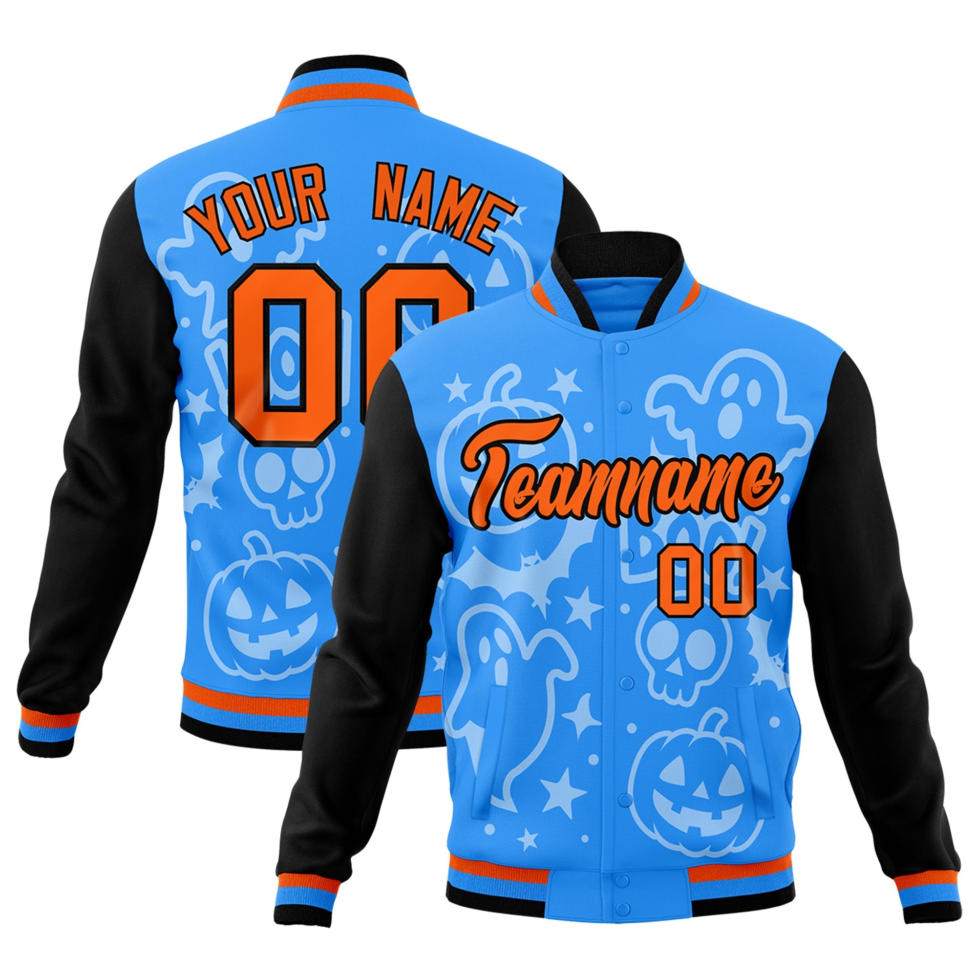 Custom Orange Powder Blue Black Bats Pumpkins Ghost Patterns Halloween Letterman Jacket| KXKSHOP