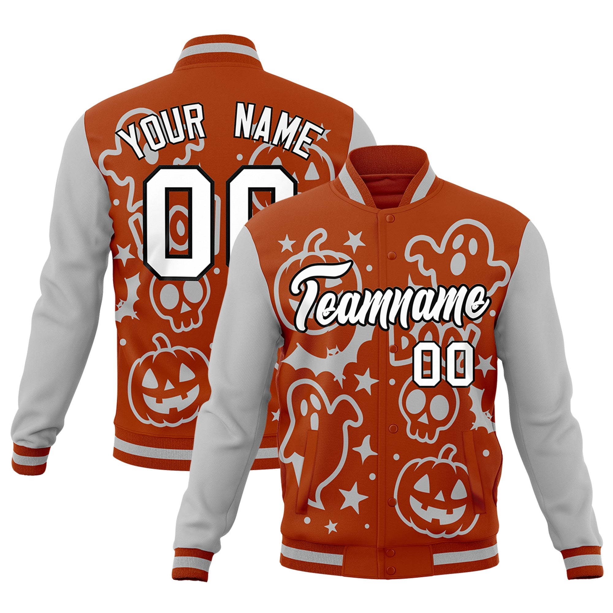Custom Dark Orange Gray White Bats Pumpkins Ghost Patterns Halloween Letterman Jacket| KXKSHOP