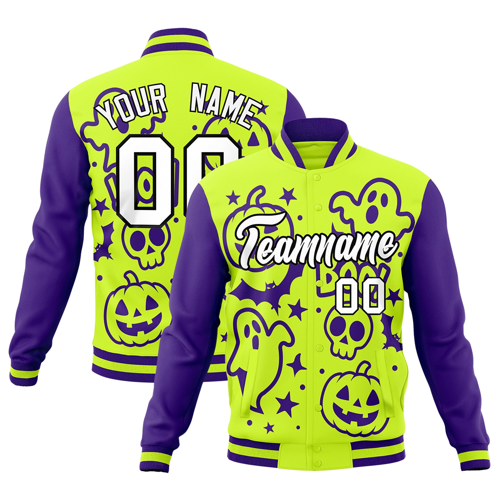 Custom Purple Neon Green White Bats Pumpkins Ghost Patterns Halloween Letterman Jacket| KXKSHOP