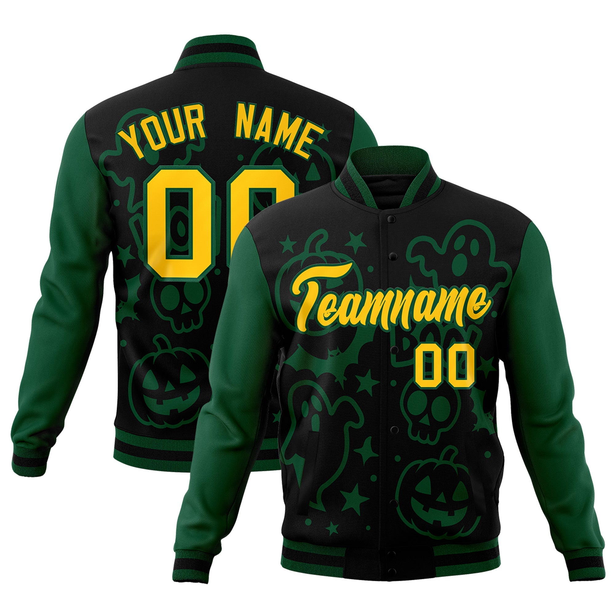 Custom Green Black Gold Bats Pumpkins Ghost Patterns Halloween Letterman Jacket| KXKSHOP