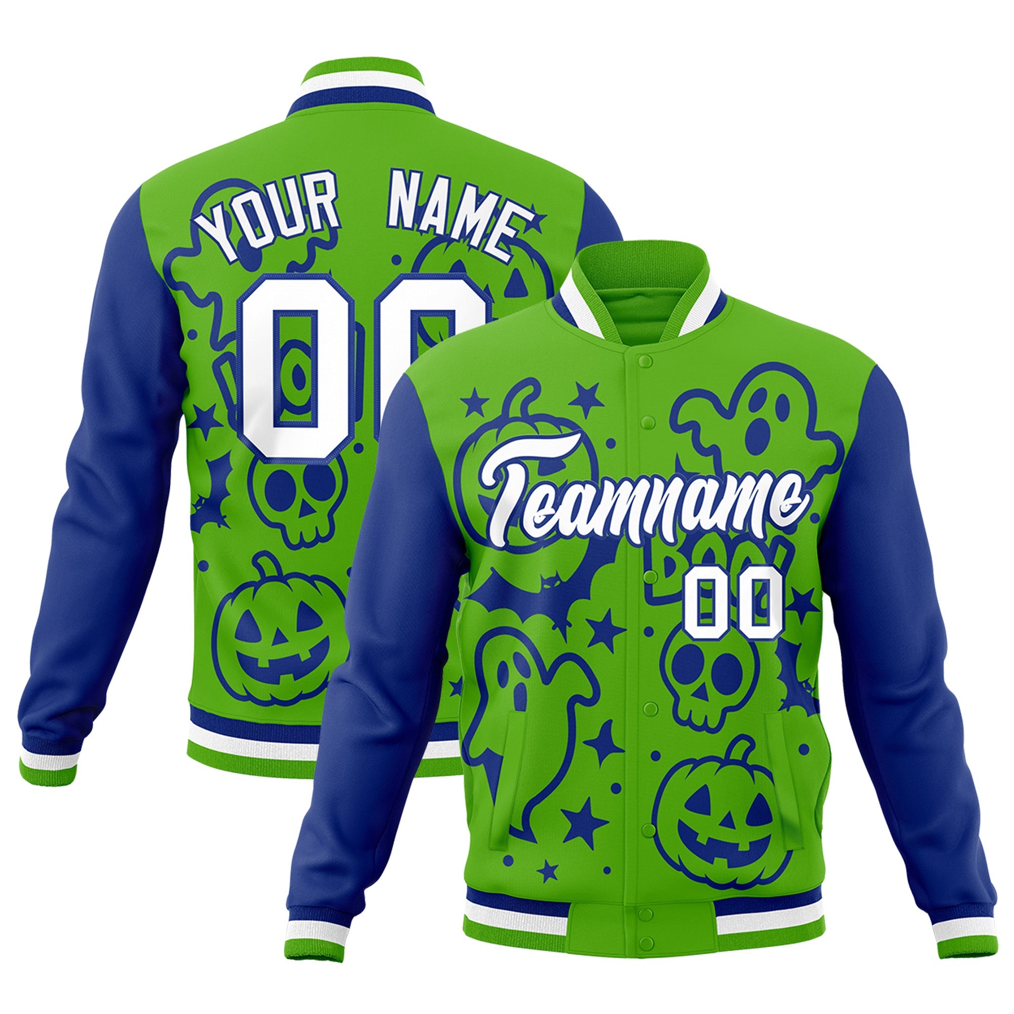 Custom Green Royal Blue White Bats Pumpkins Ghost Patterns Halloween Letterman Jacket| KXKSHOP