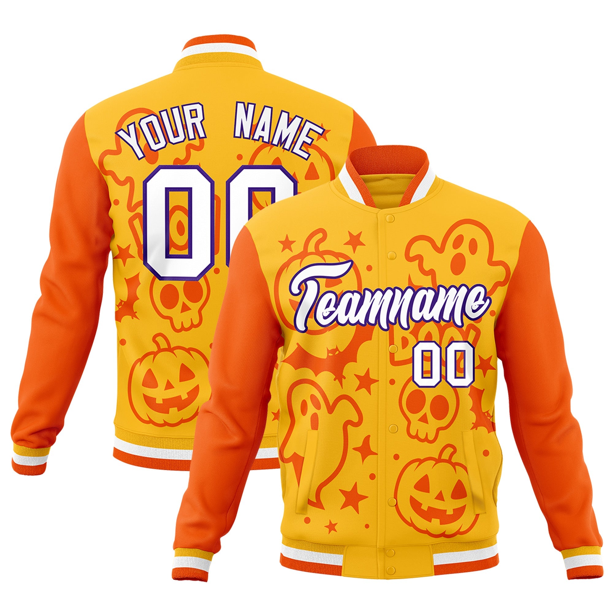 Custom Yellow Orange Gold Bats Pumpkins Ghost Patterns Halloween Letterman Jacket| KXKSHOP