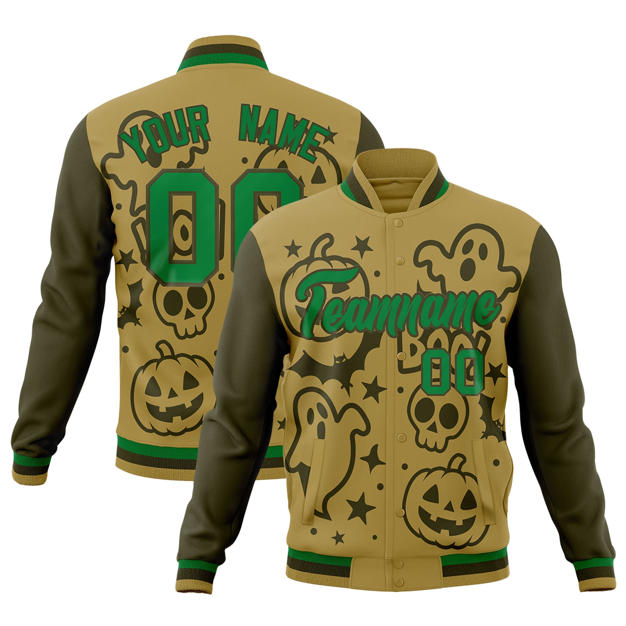 Custom Desert Yellow Kelly Green Olive Bats Pumpkins Ghost Patterns Halloween Letterman Jacket| KXKSHOP