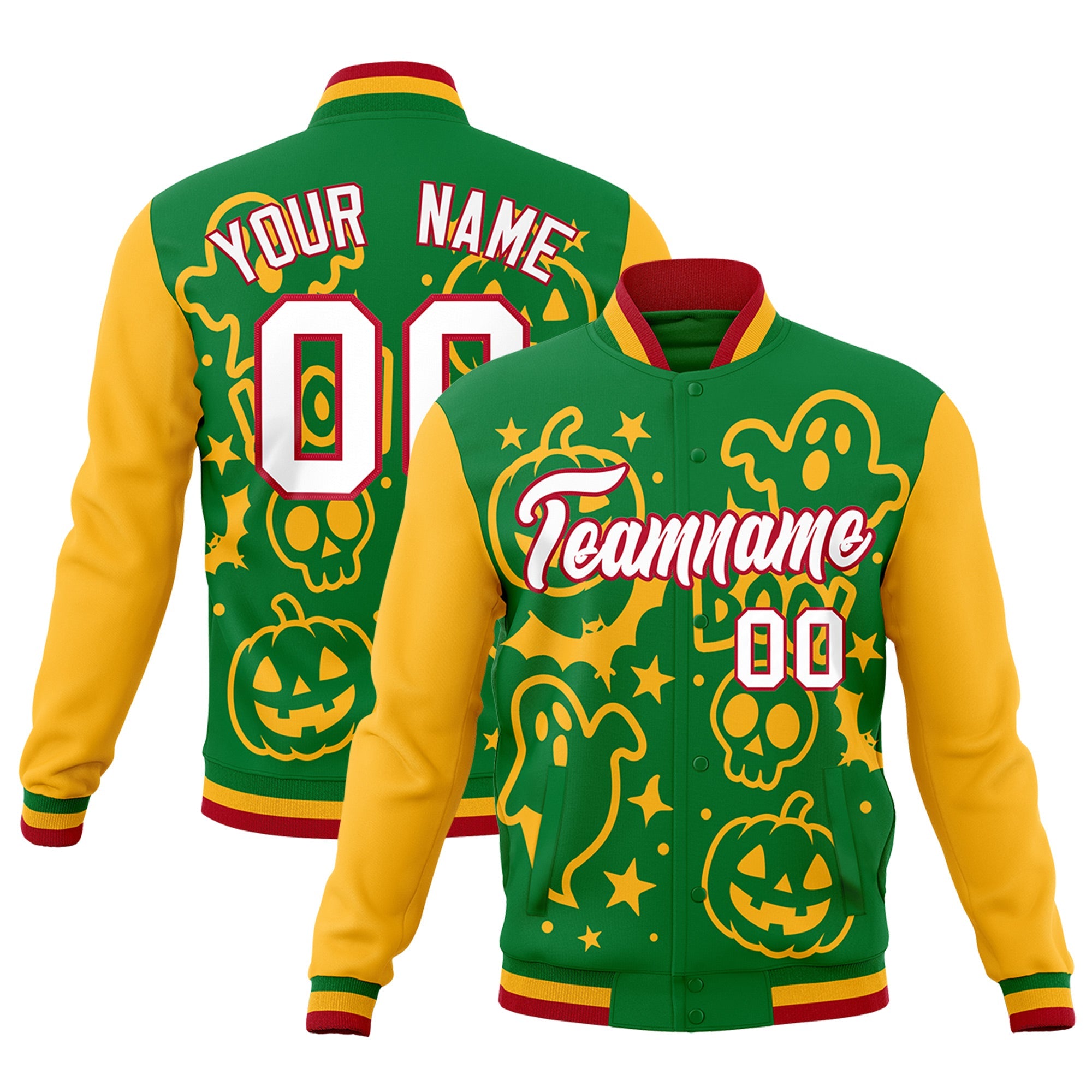 Custom Kelly Green Gold Red Bats Pumpkins Ghost Patterns Halloween Letterman Jacket| KXKSHOP