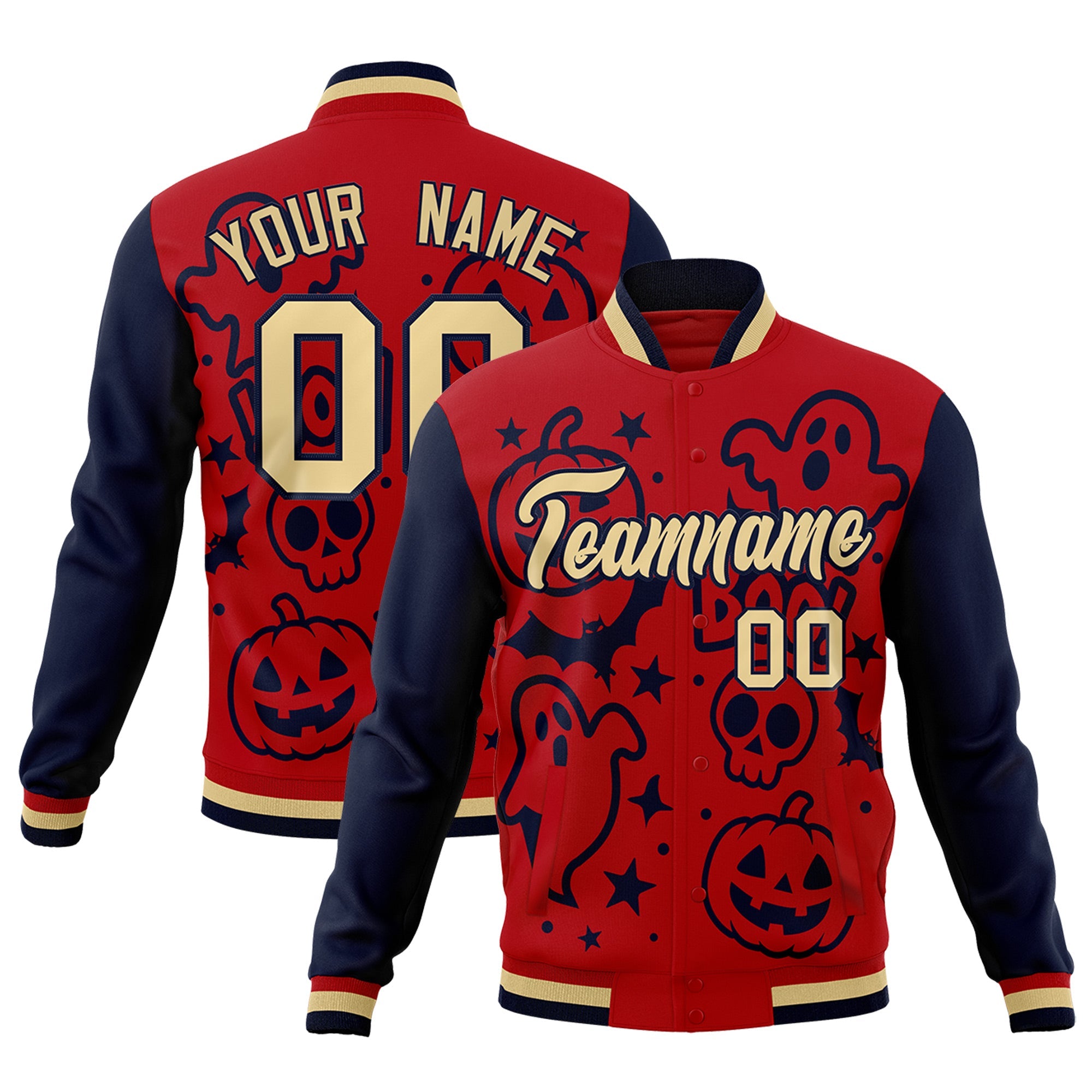 Custom Red Navy Khaki Bats Pumpkins Ghost Patterns Halloween Letterman Jacket| KXKSHOP