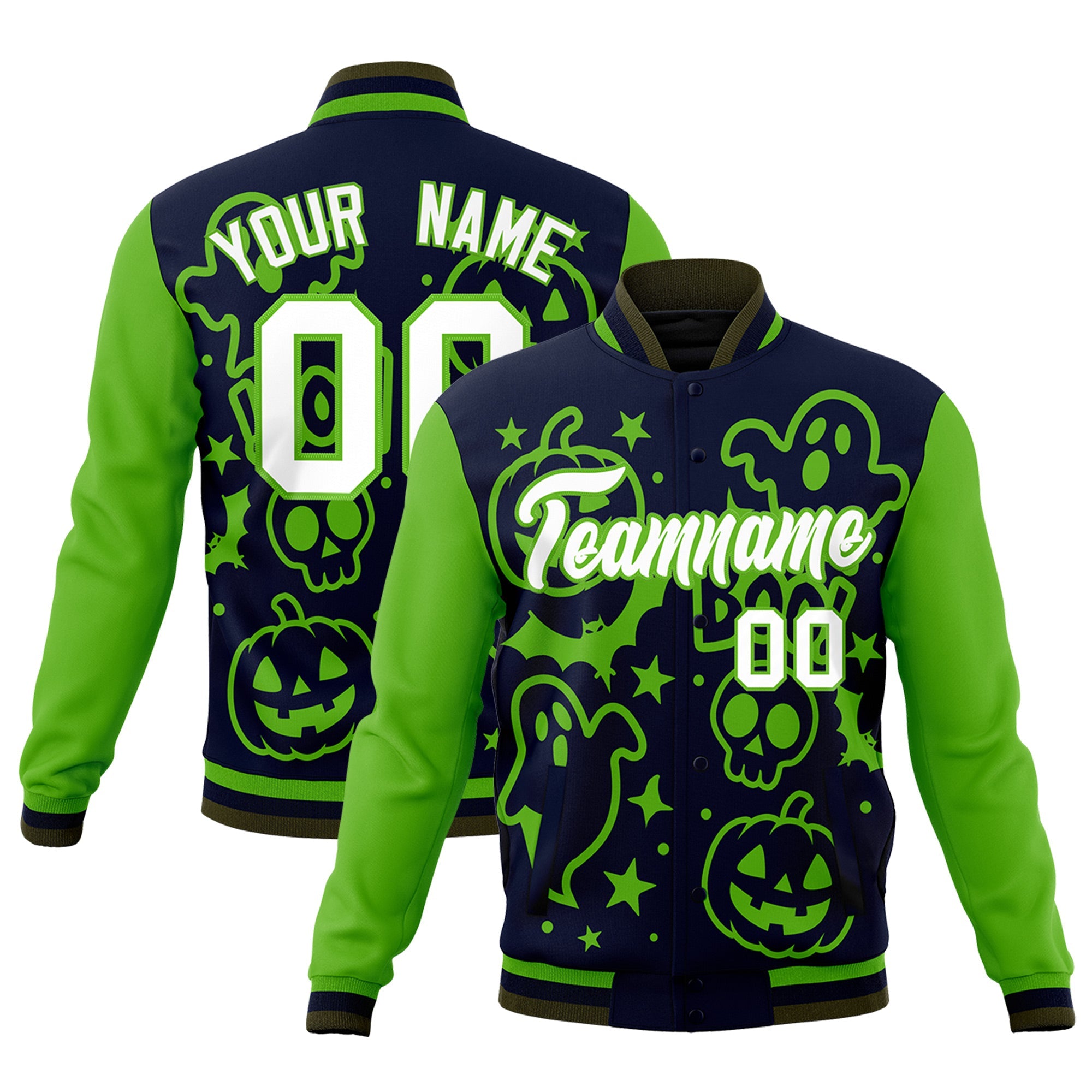 Custom Green Navy Olive Bats Pumpkins Ghost Patterns Halloween Letterman Jacket| KXKSHOP