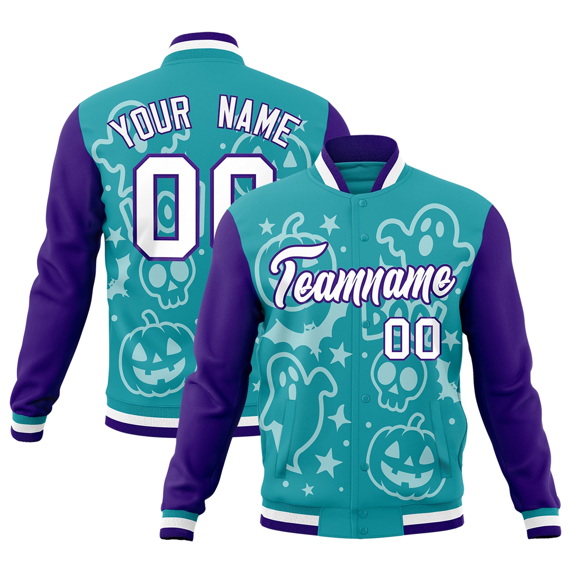 Custom Aqua Purple White Bats Pumpkins Ghost Patterns Halloween Letterman Jacket| KXKSHOP