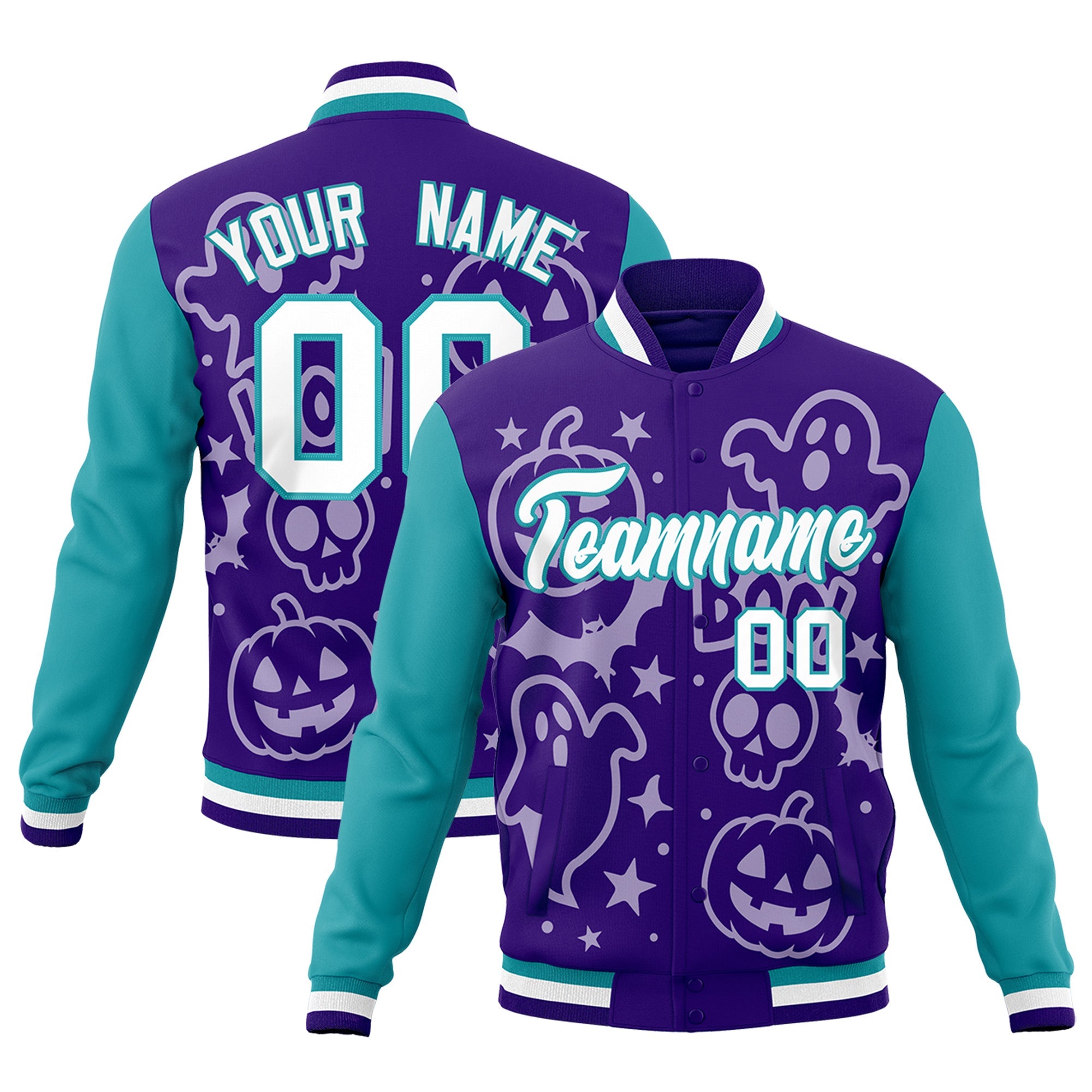 Custom Purple Aqua White Bats Pumpkins Ghost Patterns Halloween Letterman Jacket| KXKSHOP