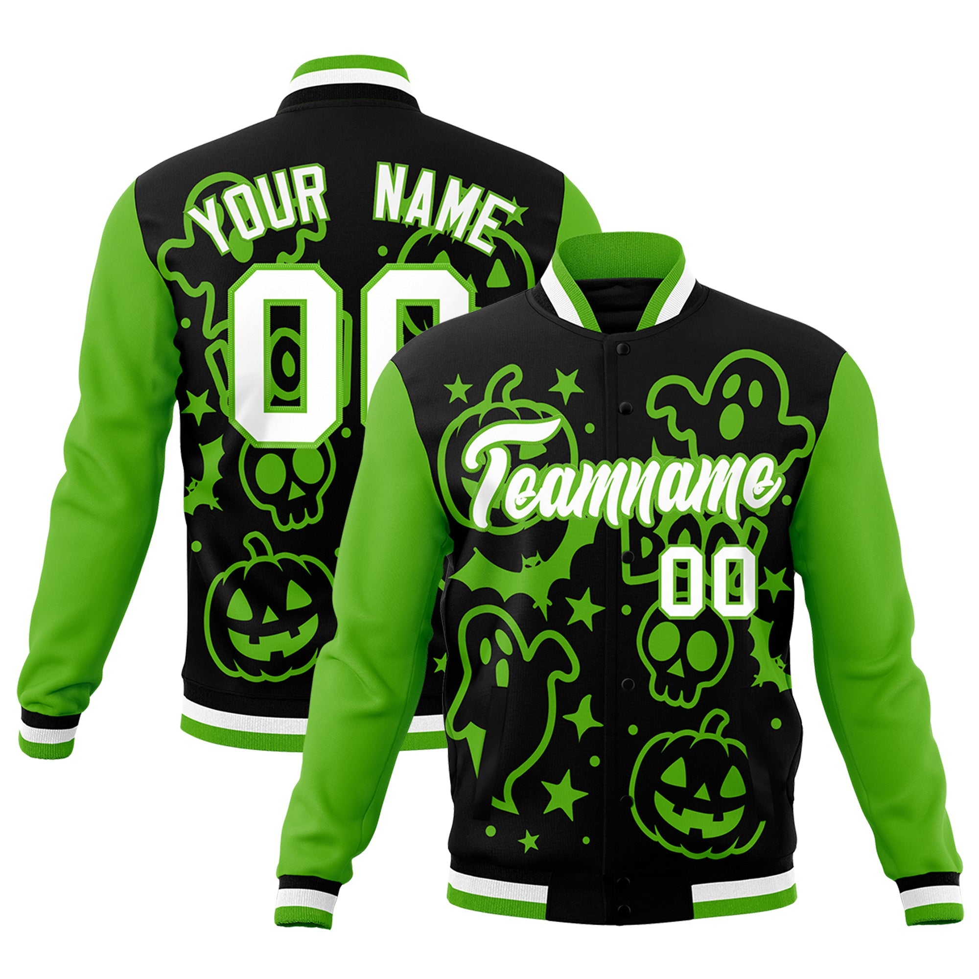 Custom Black Green White Bats Pumpkins Ghost Patterns Halloween Letterman Jacket| KXKSHOP