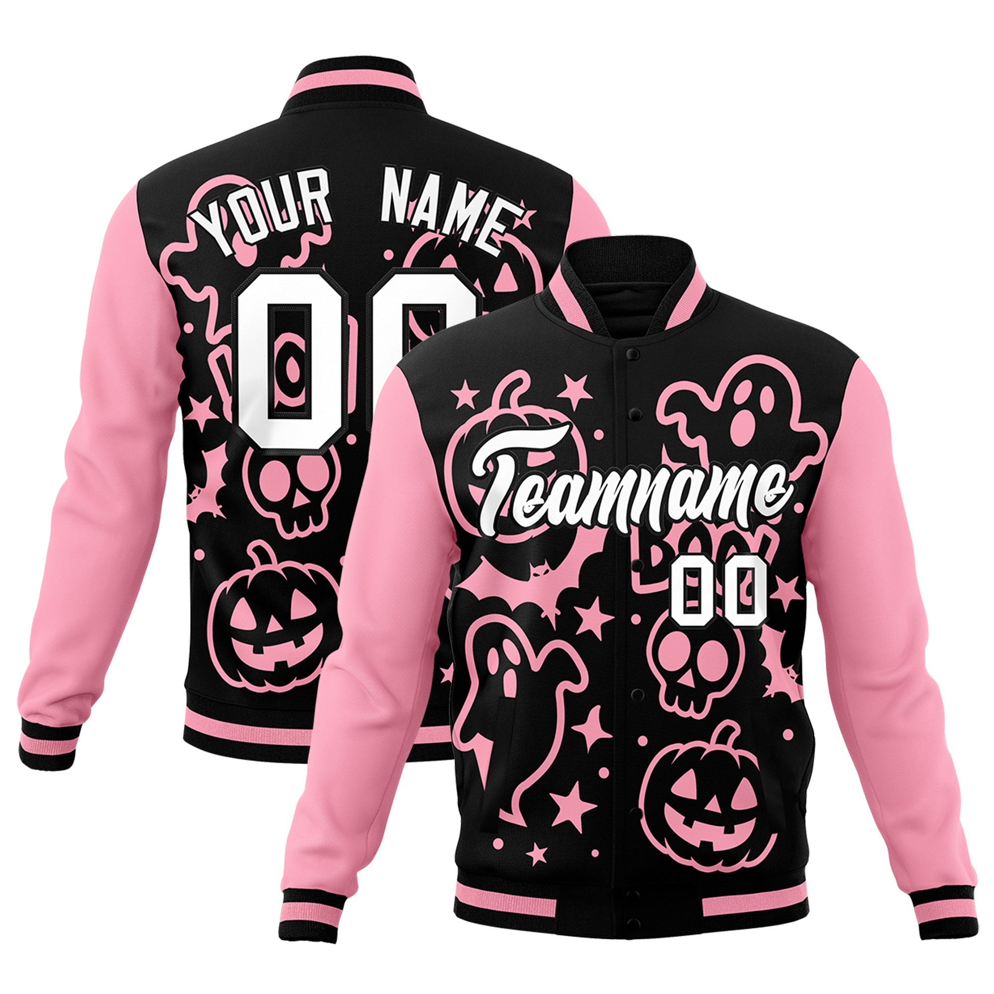 Custom Light Pink Black White Bats Pumpkins Ghost Patterns Halloween Letterman Jacket| KXKSHOP