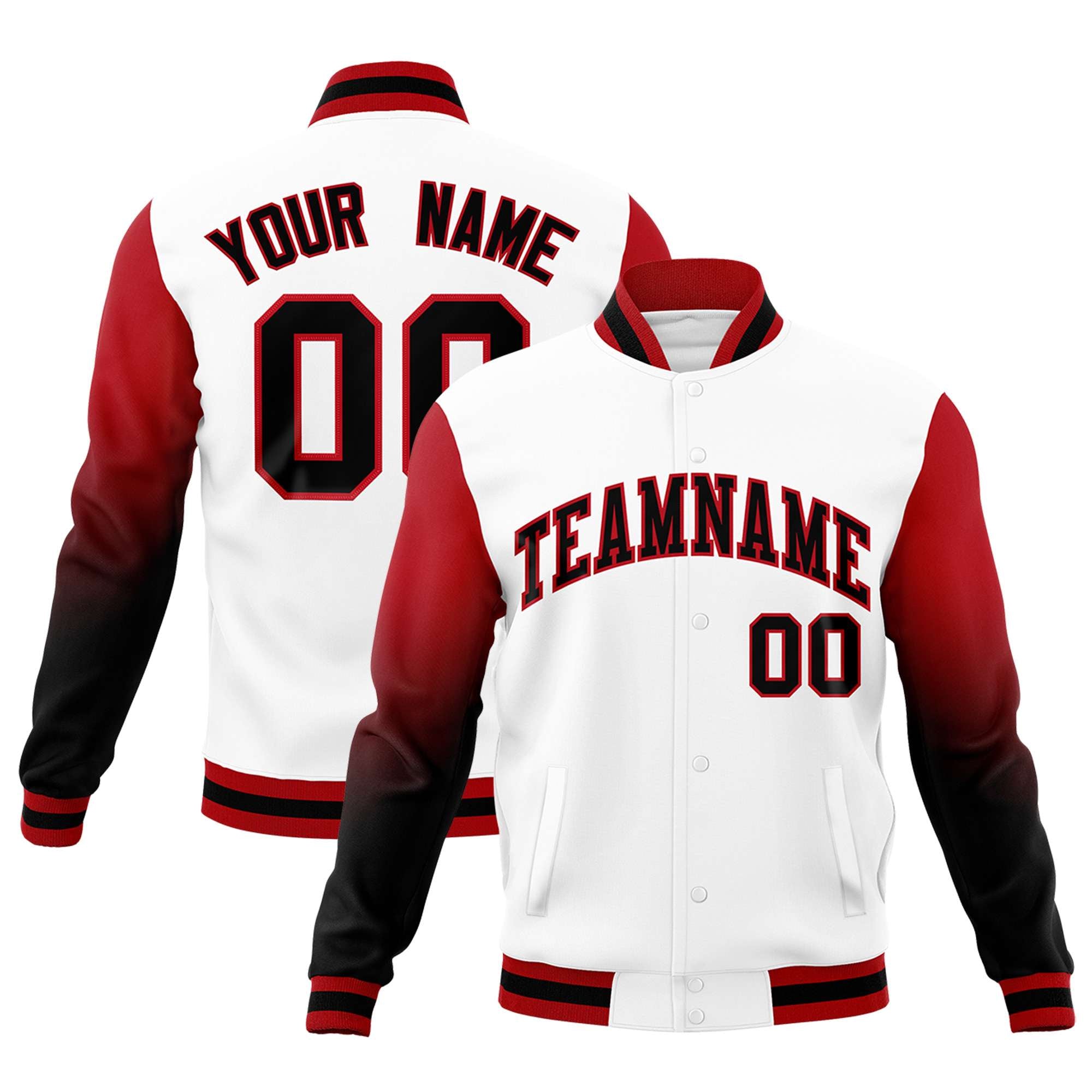 Custom White Black Red Full-Snap Varsity Raglan Sleeves Gradient Letterman Jacket| KXKSHOP