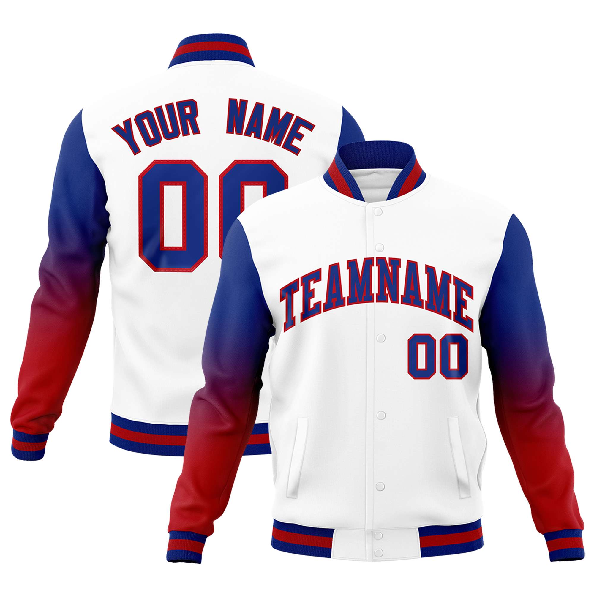 Custom White Royal Blue Red Full-Snap Varsity Raglan Sleeves Gradient Letterman Jacket| KXKSHOP
