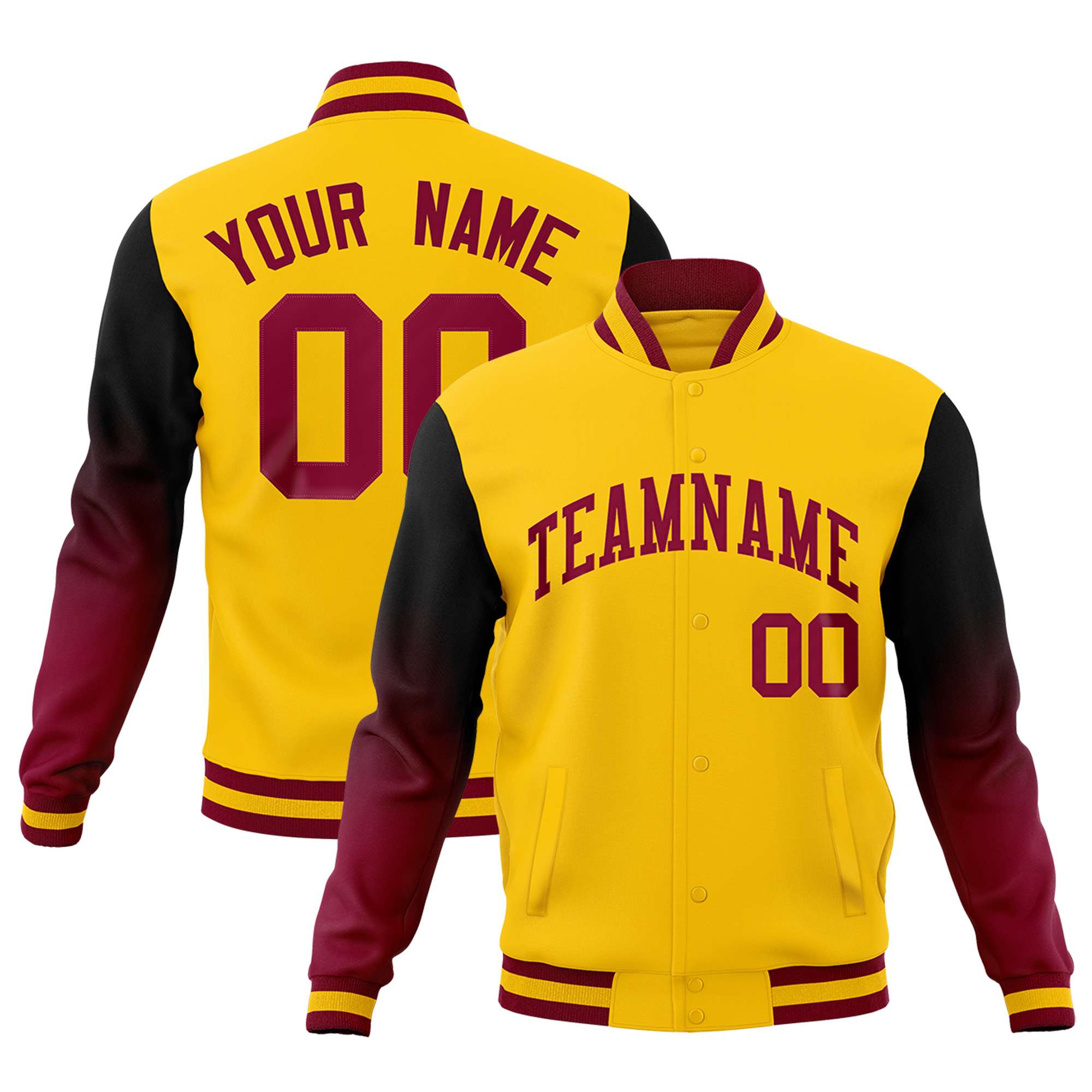 Custom Gold Black Crimson Full-Snap Varsity Raglan Sleeves Gradient Letterman Jacket| KXKSHOP
