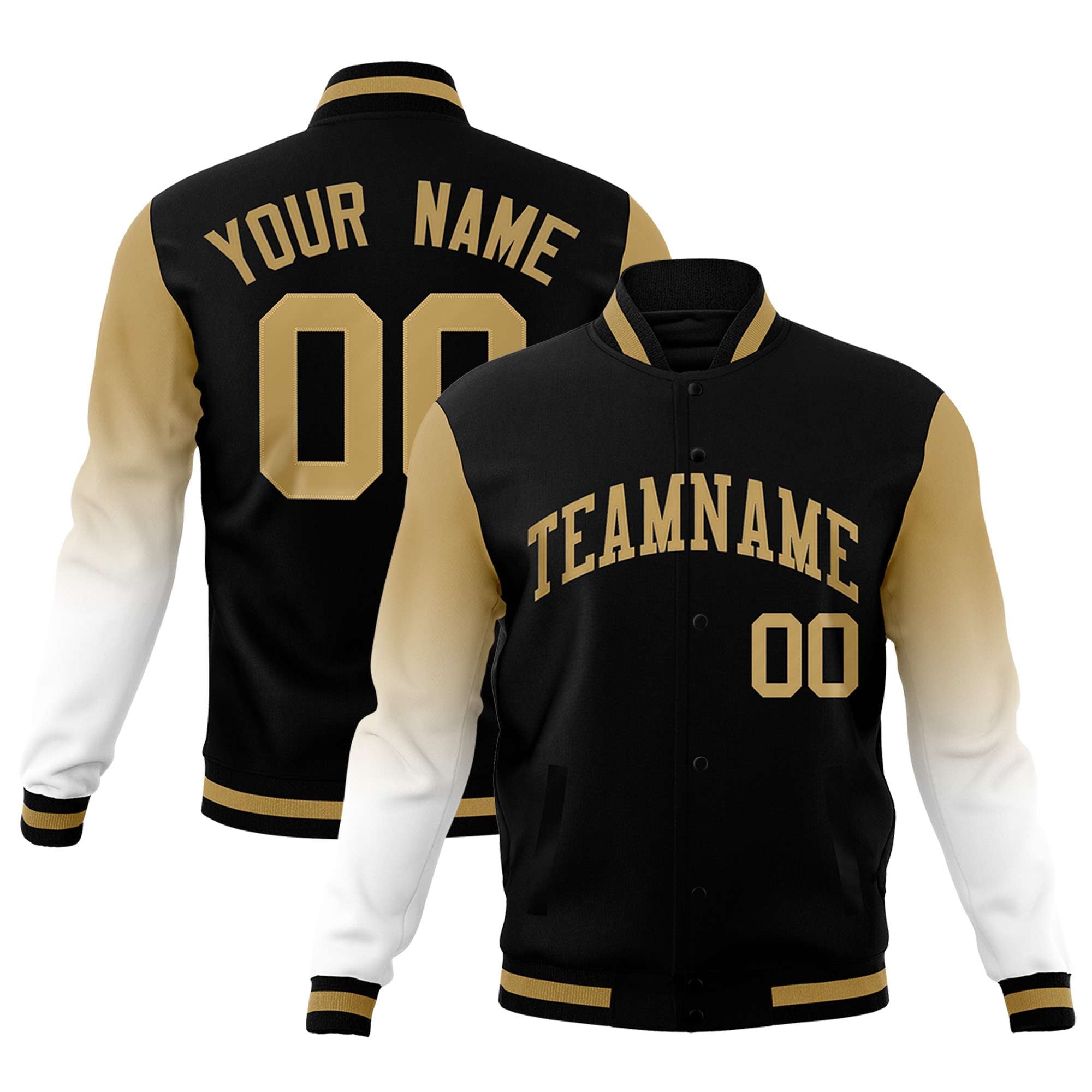 Custom Black White Old Gold Full-Snap Varsity Raglan Sleeves Gradient Letterman Jacket| KXKSHOP