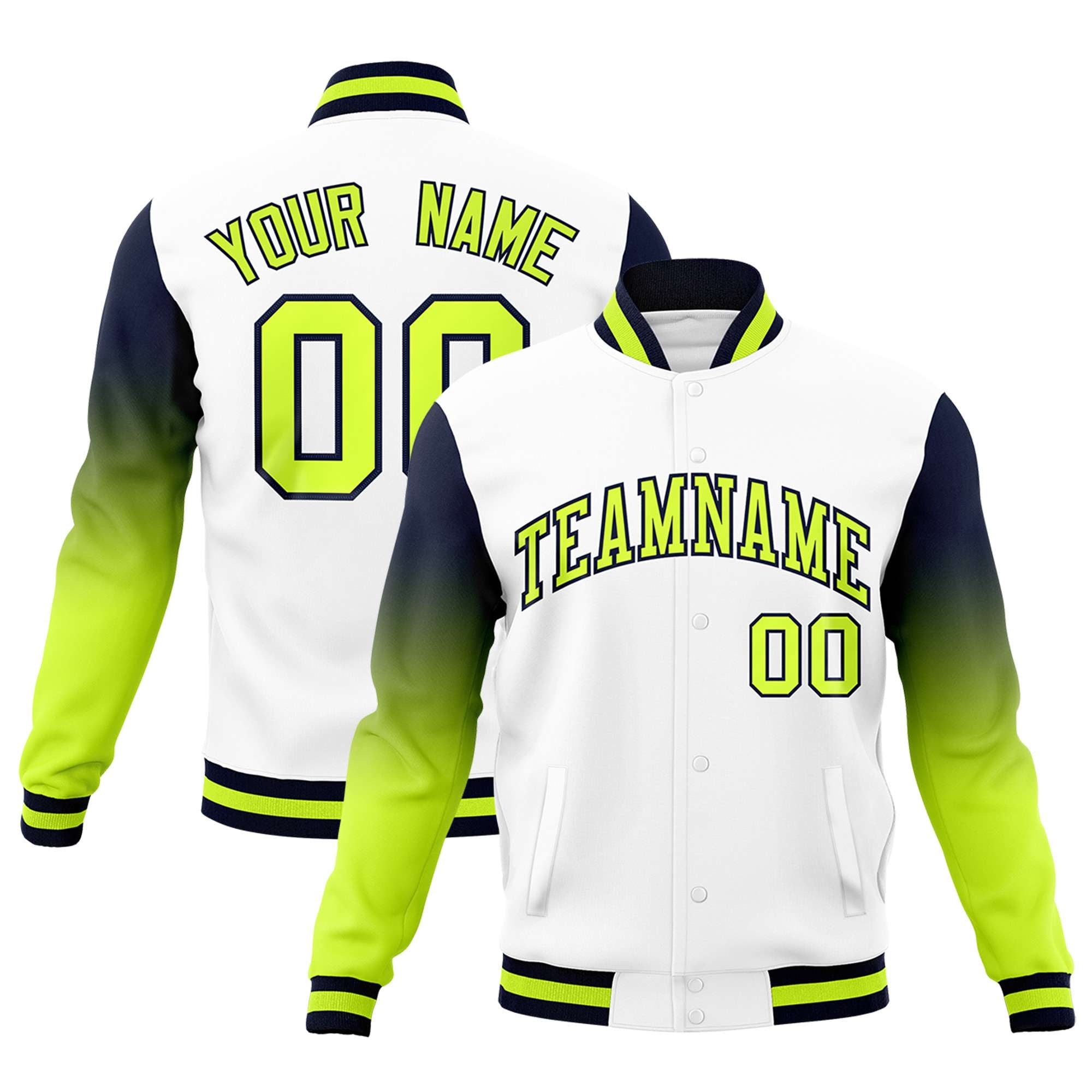 Custom White Neon Green Navy Full-Snap Varsity Raglan Sleeves Gradient Letterman Jacket| KXKSHOP