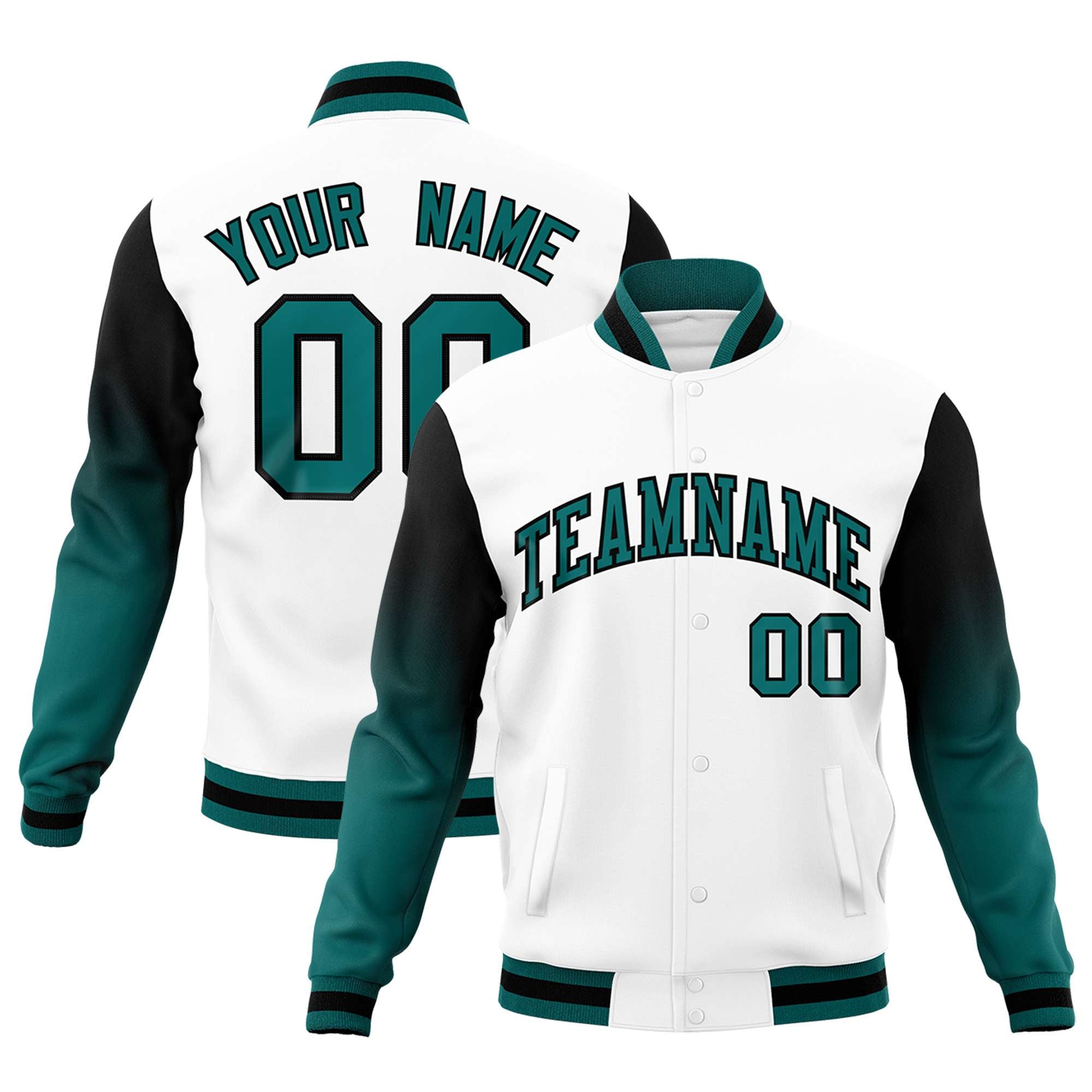 Custom White Teal Black Full-Snap Varsity Raglan Sleeves Gradient Letterman Jacket| KXKSHOP