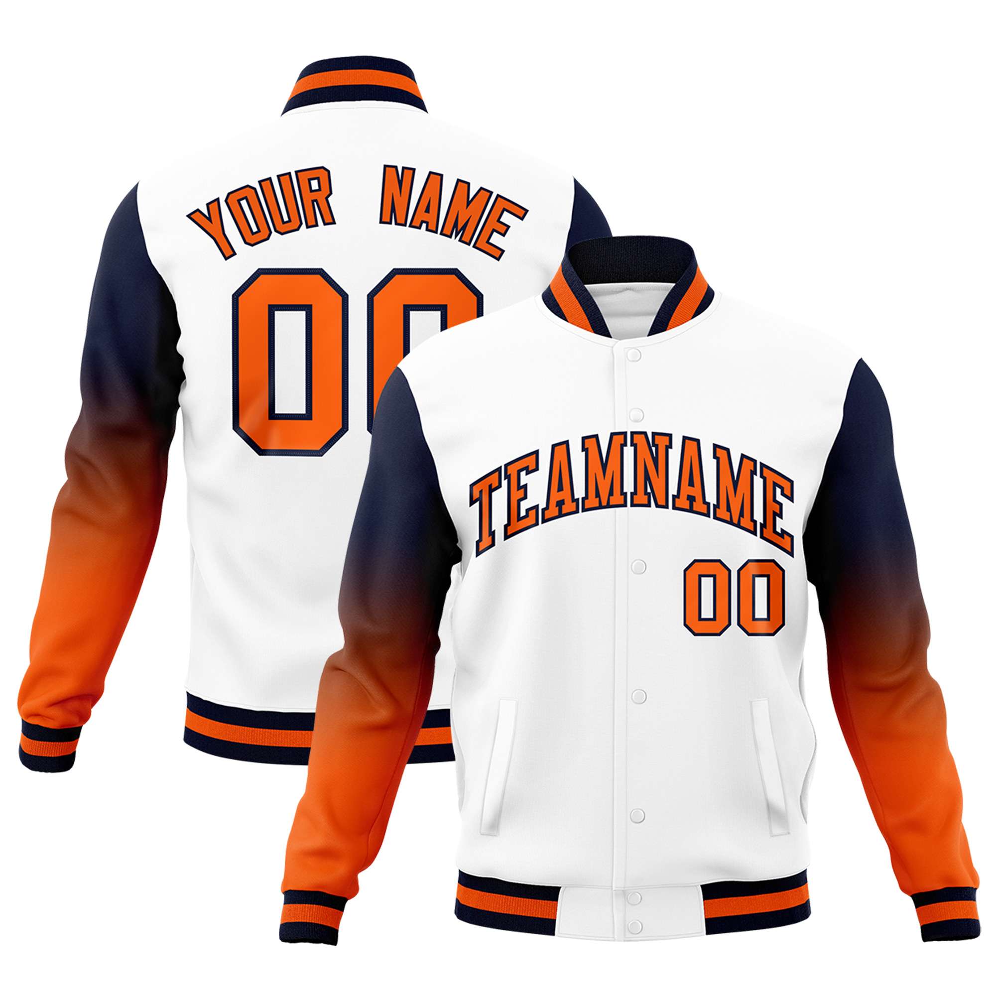Custom White Orange Navy Full-Snap Varsity Raglan Sleeves Gradient Letterman Jacket| KXKSHOP