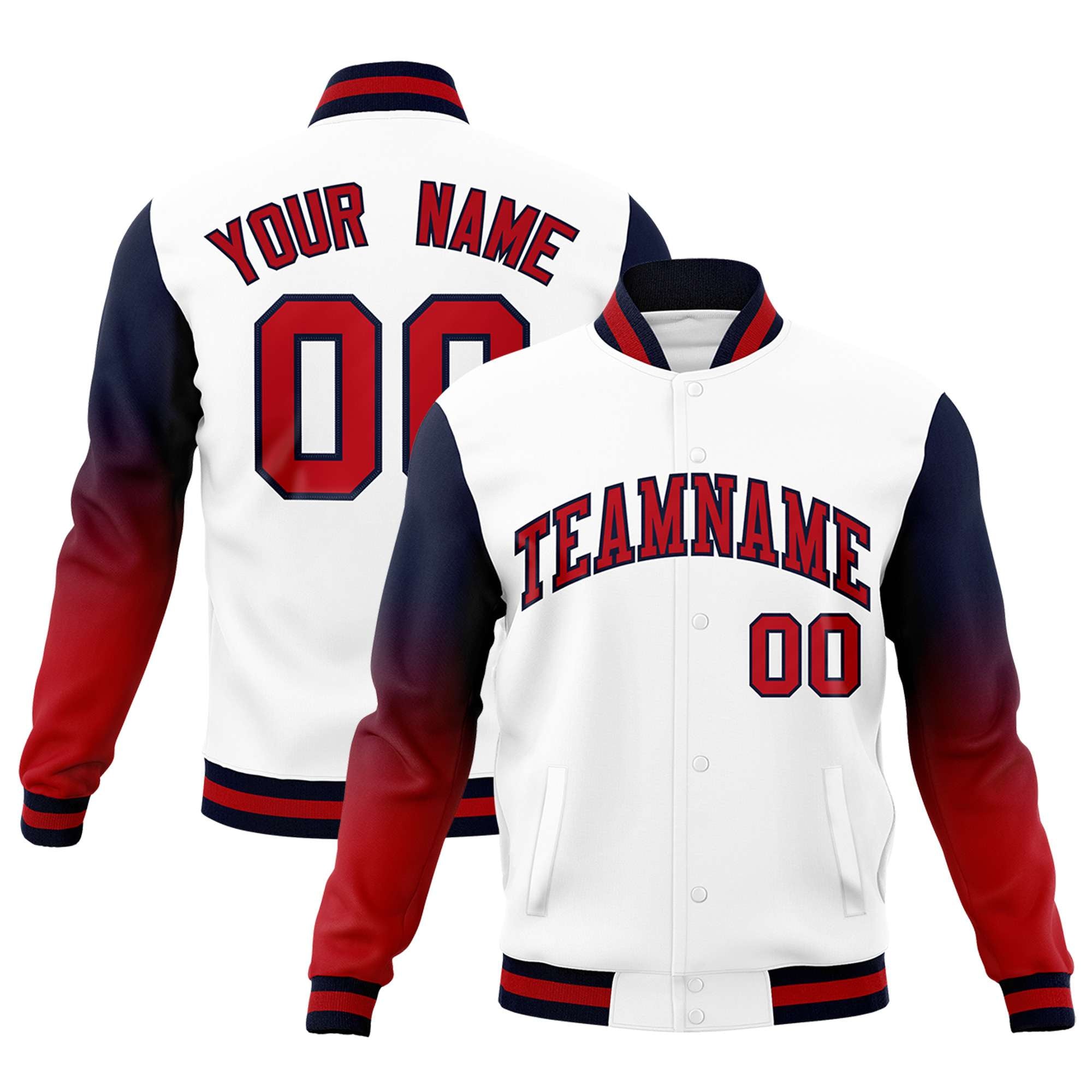 Custom White Red Black Full-Snap Varsity Raglan Sleeves Gradient Letterman Jacket| KXKSHOP