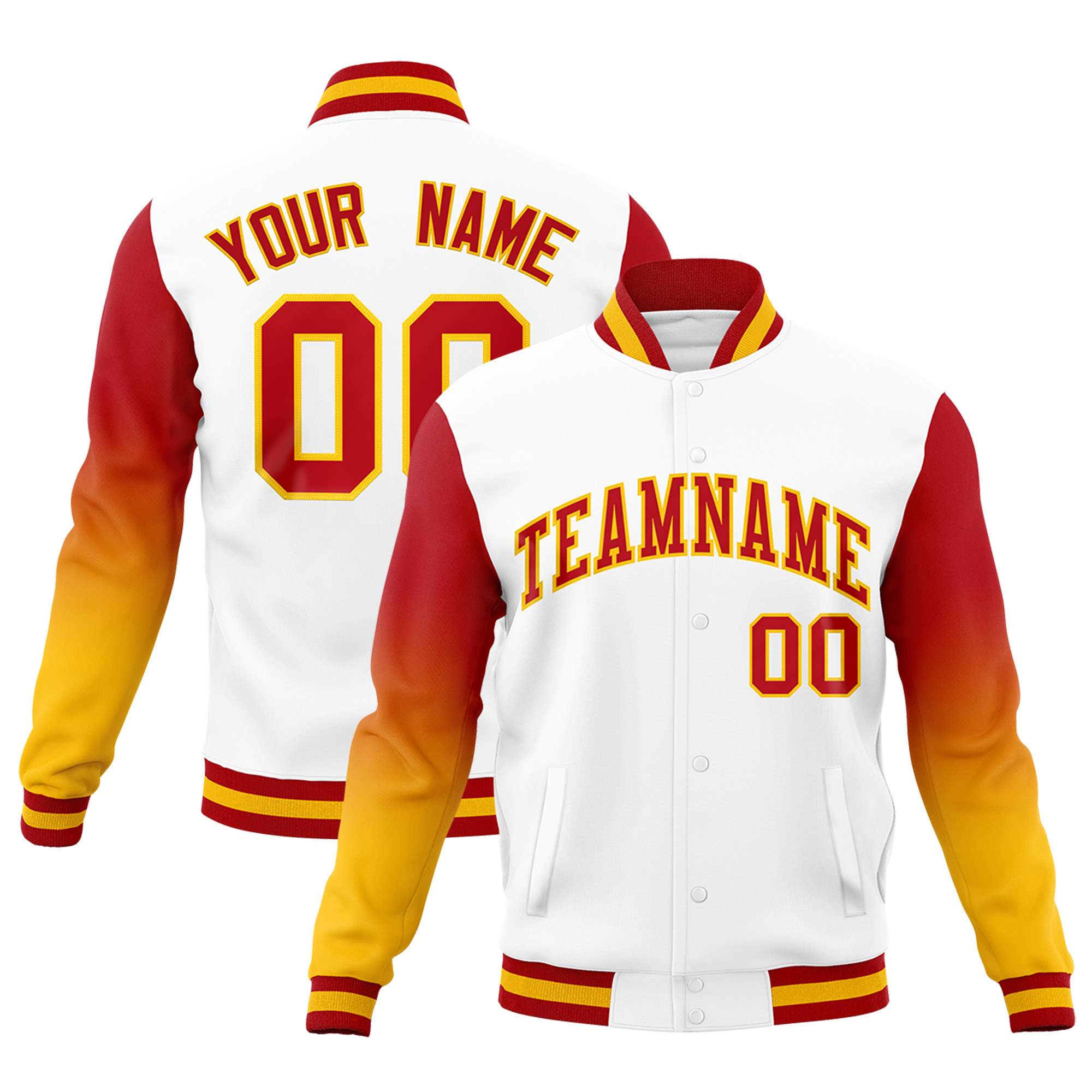 Custom White Red Gold Full-Snap Varsity Raglan Sleeves Gradient Letterman Jacket| KXKSHOP