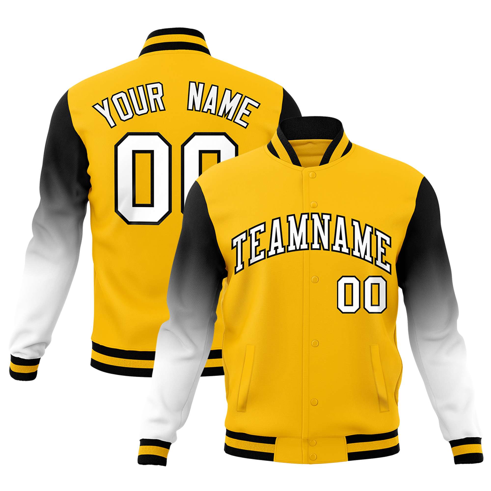 Custom Gold White Black Full-Snap Varsity Raglan Sleeves Gradient Letterman Jacket| KXKSHOP