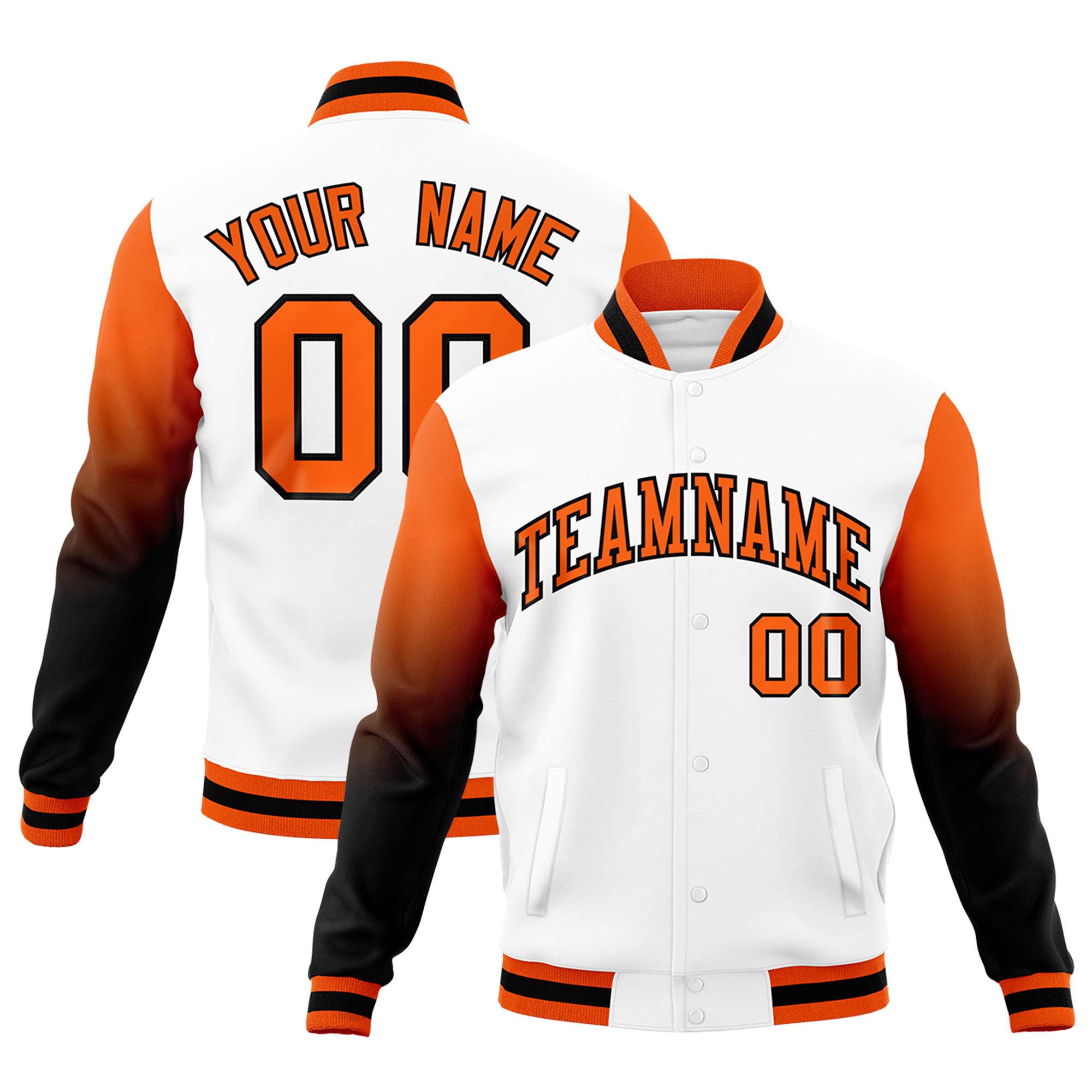 Custom White Orange Black Full-Snap Varsity Raglan Sleeves Gradient Letterman Jacket| KXKSHOP