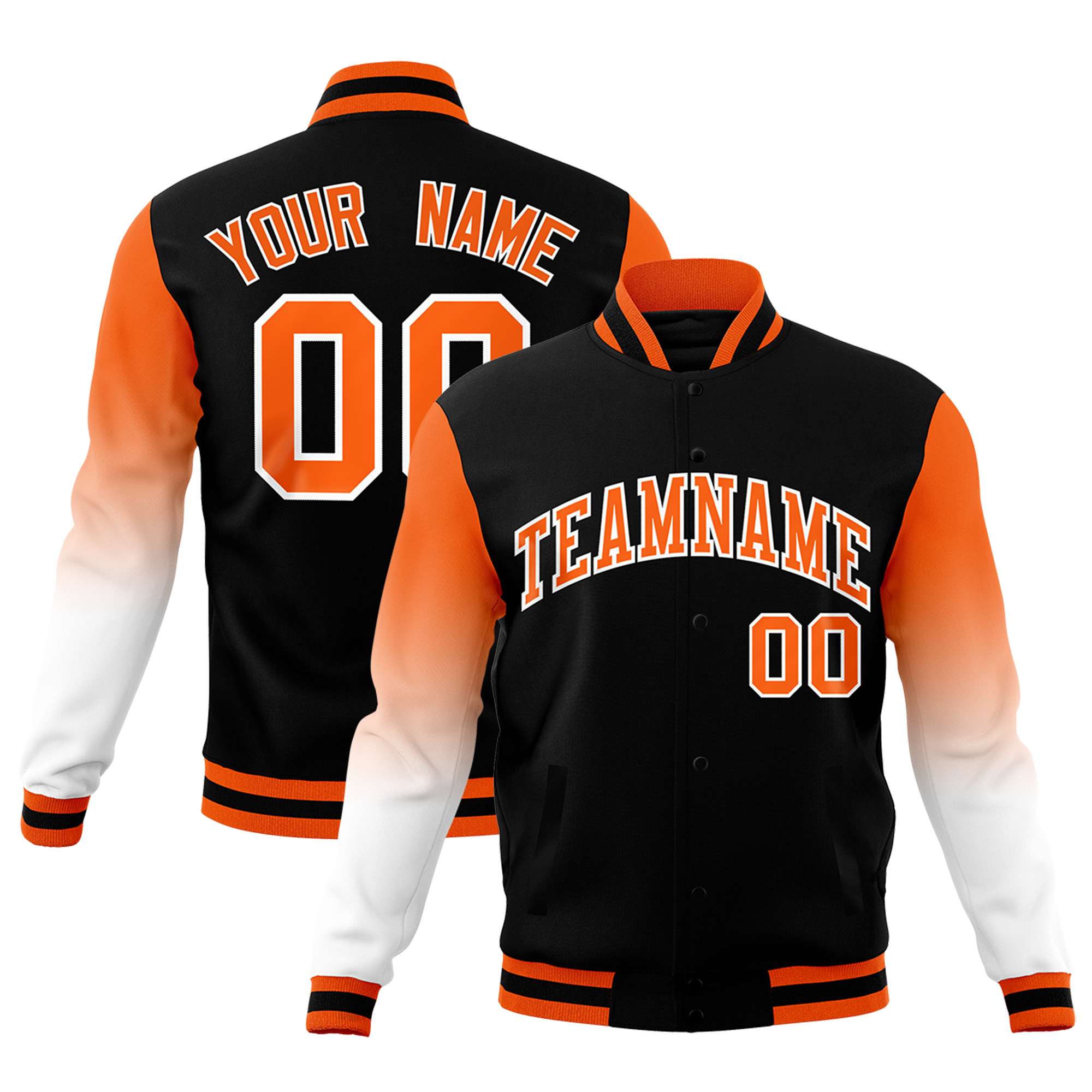 Custom Black Orange White Full-Snap Varsity Raglan Sleeves Gradient Letterman Jacket| KXKSHOP