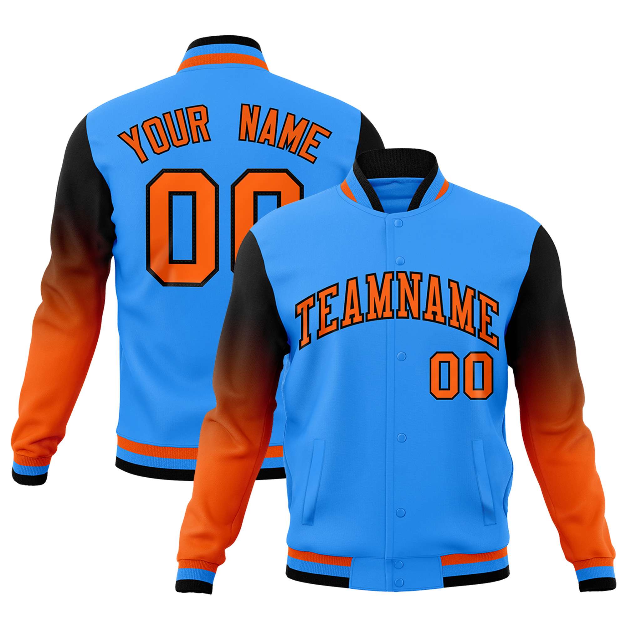 Custom Powder Blue Orange Black Full-Snap Varsity Raglan Sleeves Gradient Letterman Jacket| KXKSHOP