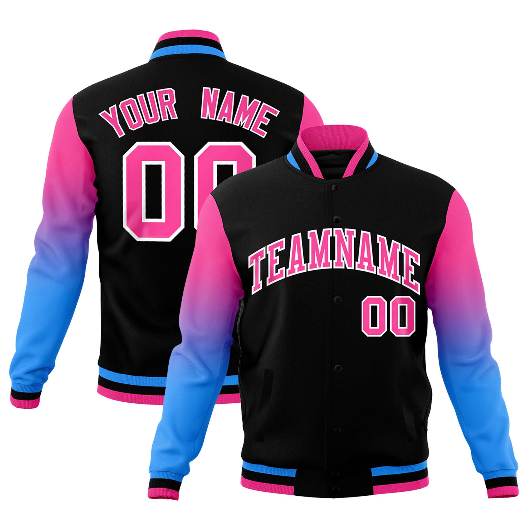 Custom Black Pink White Full-Snap Varsity Raglan Sleeves Gradient Letterman Jacket| KXKSHOP