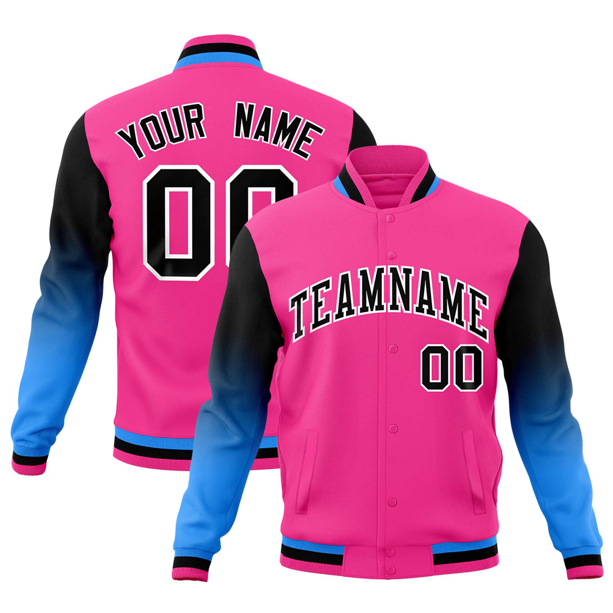 Custom Pink Black White Full-Snap Varsity Raglan Sleeves Gradient Letterman Jacket| KXKSHOP