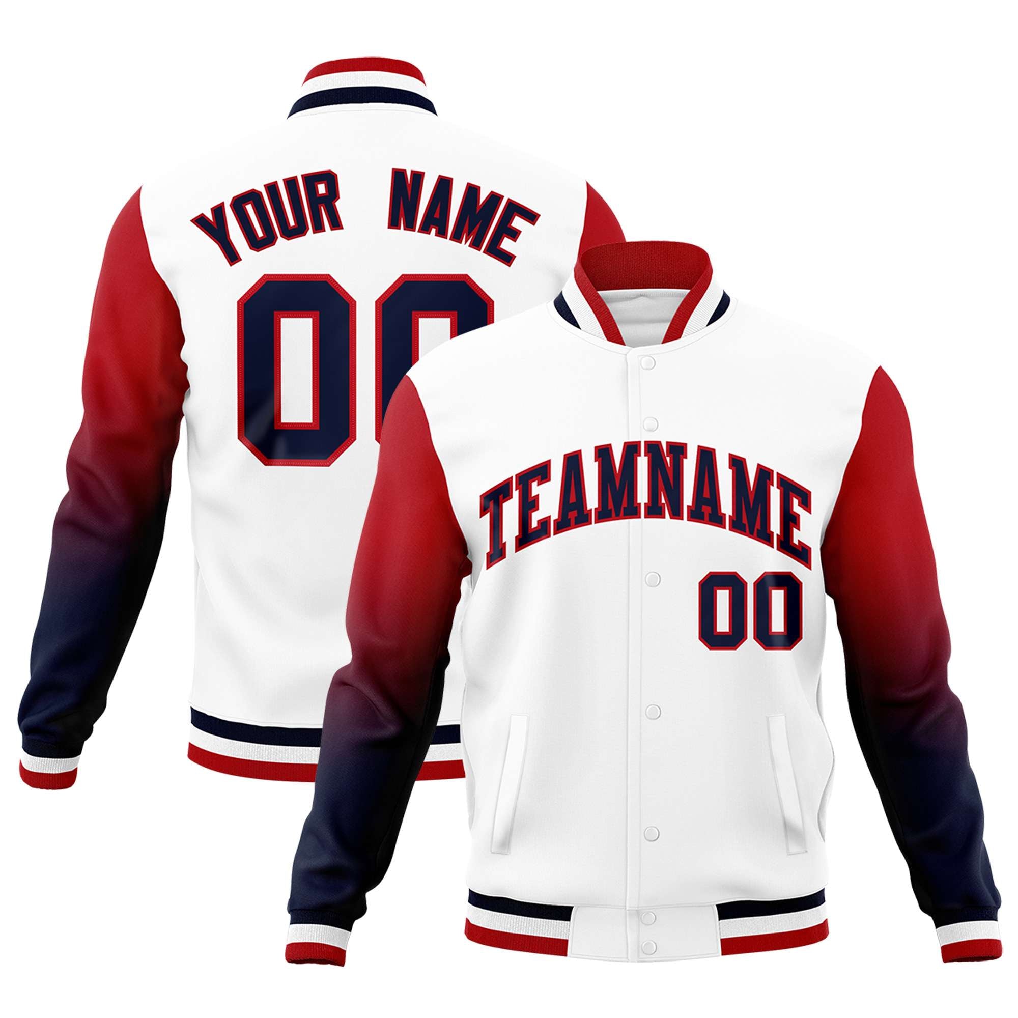 Custom White Navy Red Full-Snap Varsity Raglan Sleeves Gradient Letterman Jacket| KXKSHOP