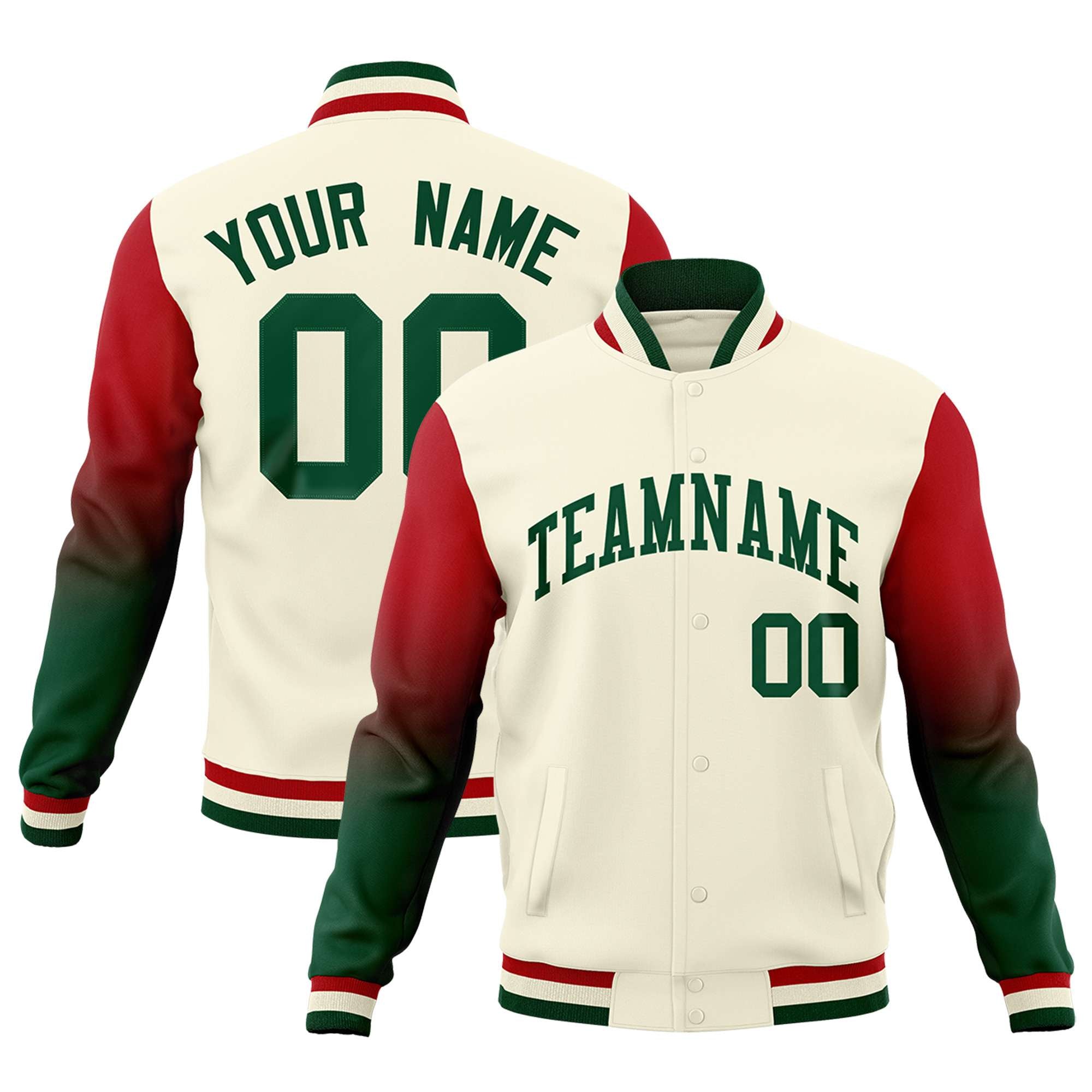 Custom Cream Green Red Full-Snap Varsity Raglan Sleeves Gradient Letterman Jacket| KXKSHOP