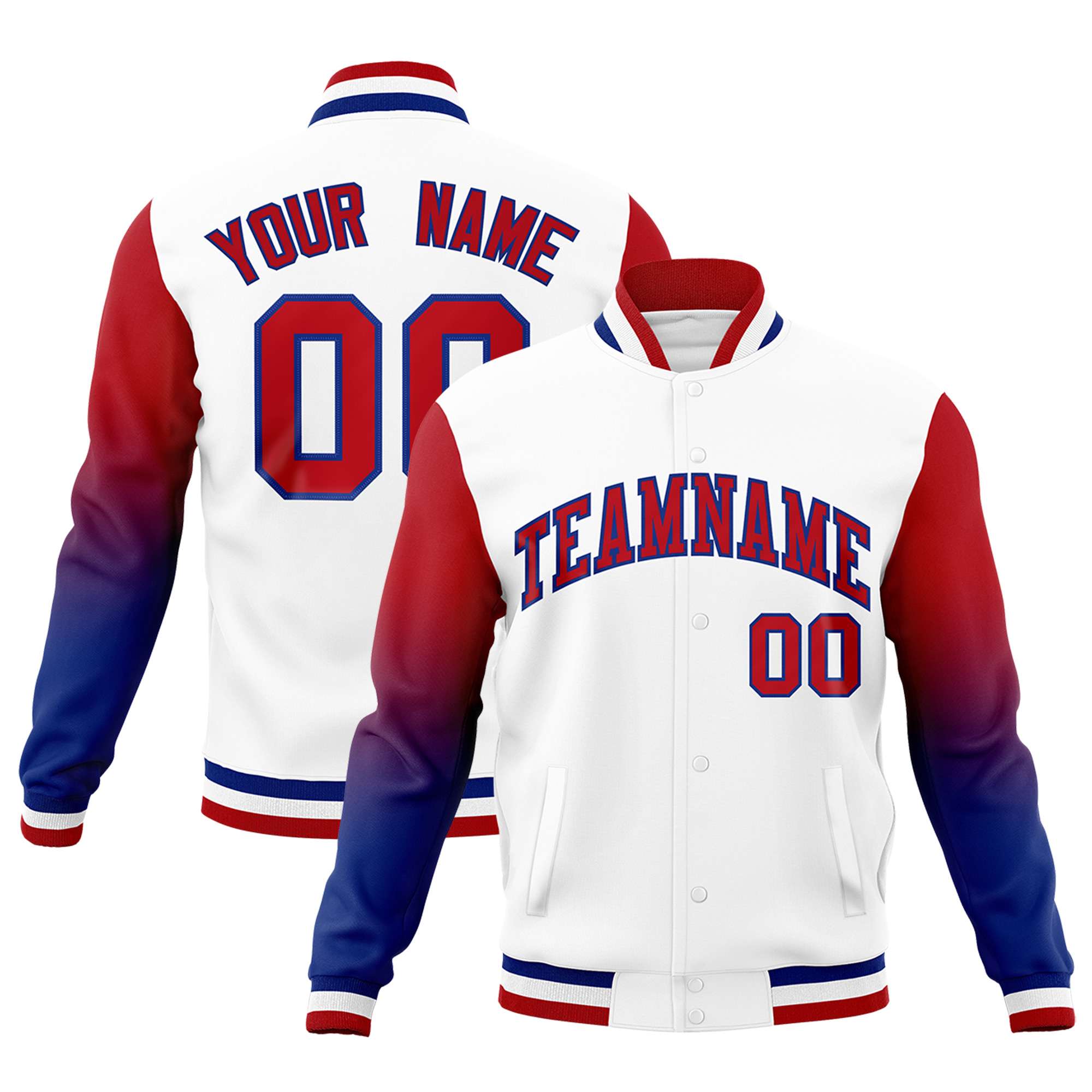 Custom White Red Royal Full-Snap Varsity Raglan Sleeves Gradient Letterman Jacket| KXKSHOP