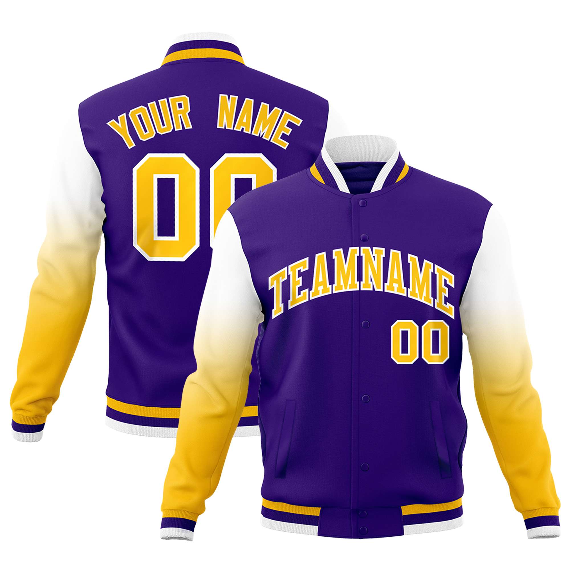 Custom Purple Gold White Full-Snap Varsity Raglan Sleeves Gradient Letterman Jacket| KXKSHOP