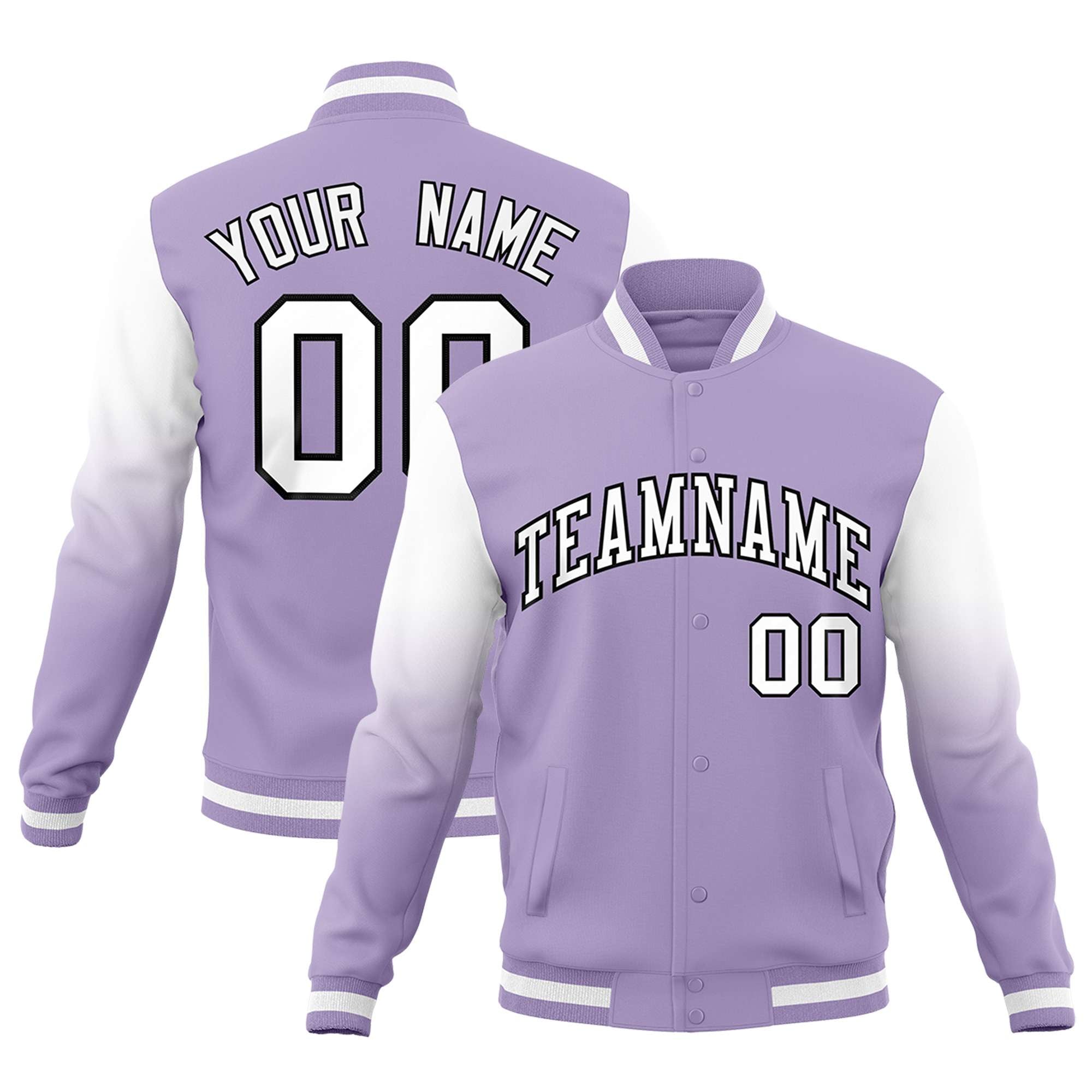 Custom Light Purple White Black Full-Snap Varsity Raglan Sleeves Gradient Letterman Jacket| KXKSHOP