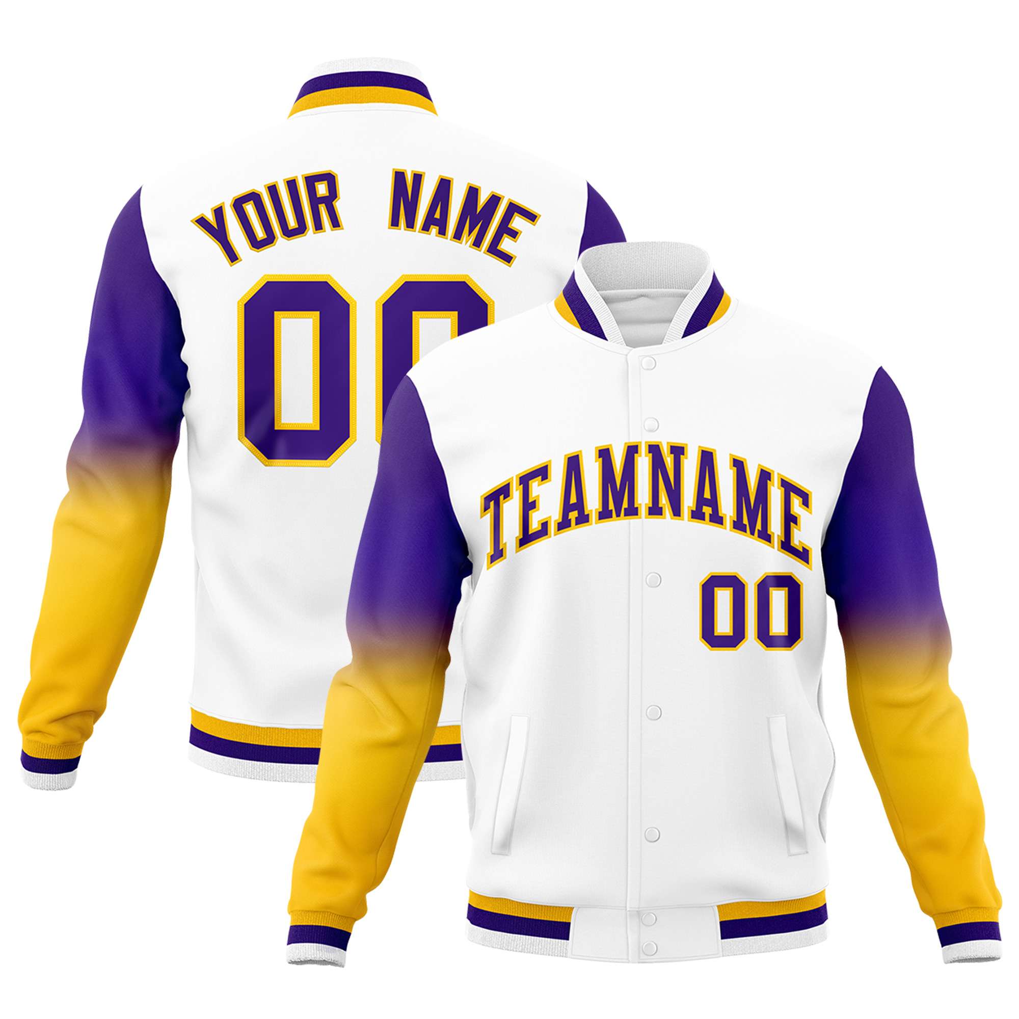Custom White Purple Gold Full-Snap Varsity Raglan Sleeves Gradient Letterman Jacket| KXKSHOP