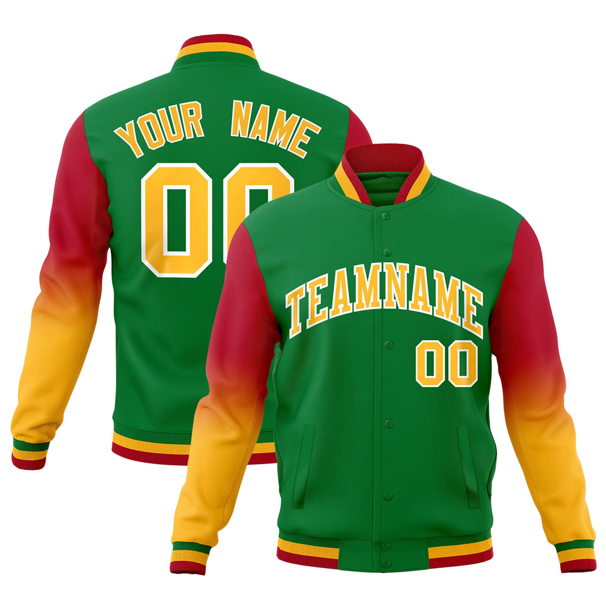 Custom Kelly Green Gold White Full-Snap Varsity Raglan Sleeves Gradient Letterman Jacket| KXKSHOP