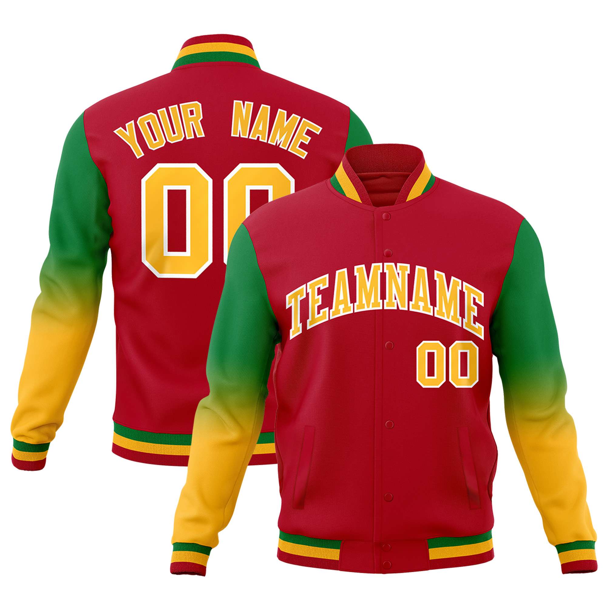 Custom Red Gold White Full-Snap Varsity Raglan Sleeves Gradient Letterman Jacket| KXKSHOP