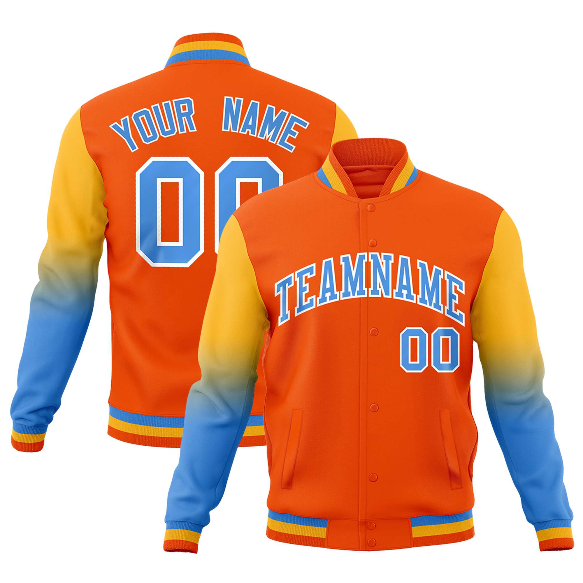 Custom Orange Powder Blue White Full-Snap Varsity Raglan Sleeves Gradient Letterman Jacket| KXKSHOP